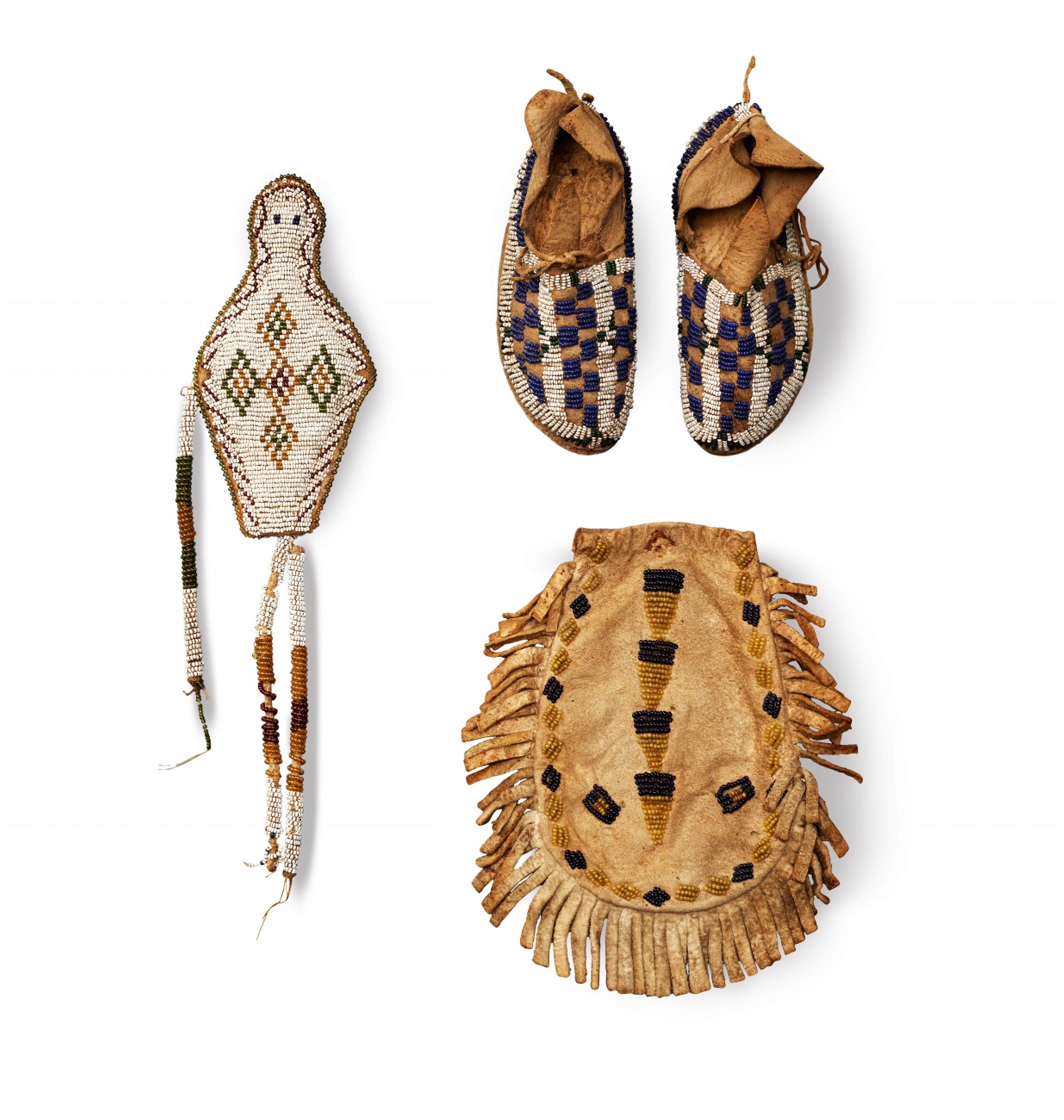 PLAINS INDIAN MEDICINE POUCH, UMBILICAL CHARM AND PAIR OF CHILD’S MOCASSINS - image-1