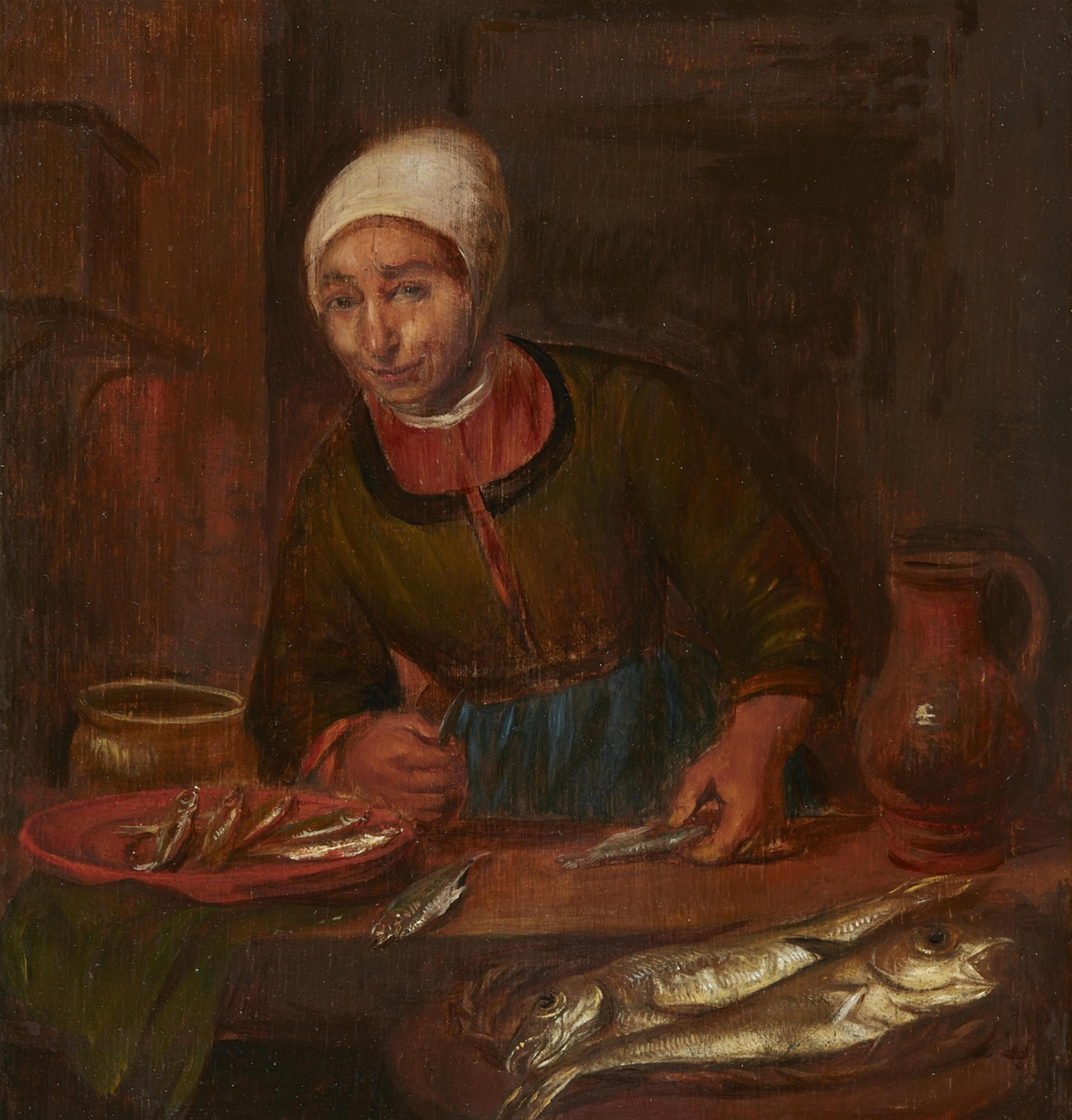 Hendrick Martensz Sorgh, circle of - Kitchen Interior with a Serving Girl and Fish - image-1