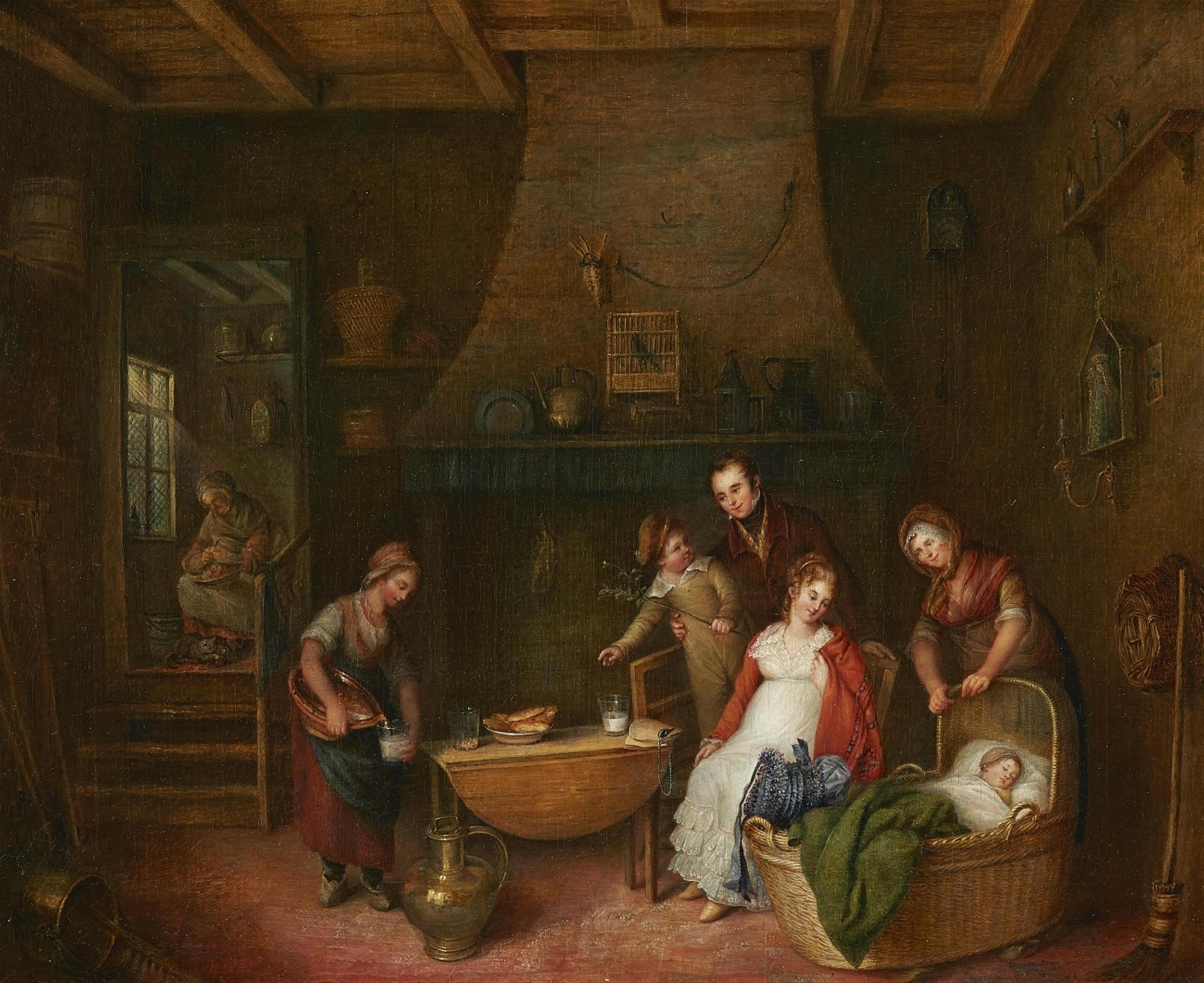 Belgischer oder Französischer Künstler der 1. Hälfte des 19. Jahrhunderts - Familienszene in bäuerlichem Interieur - image-1