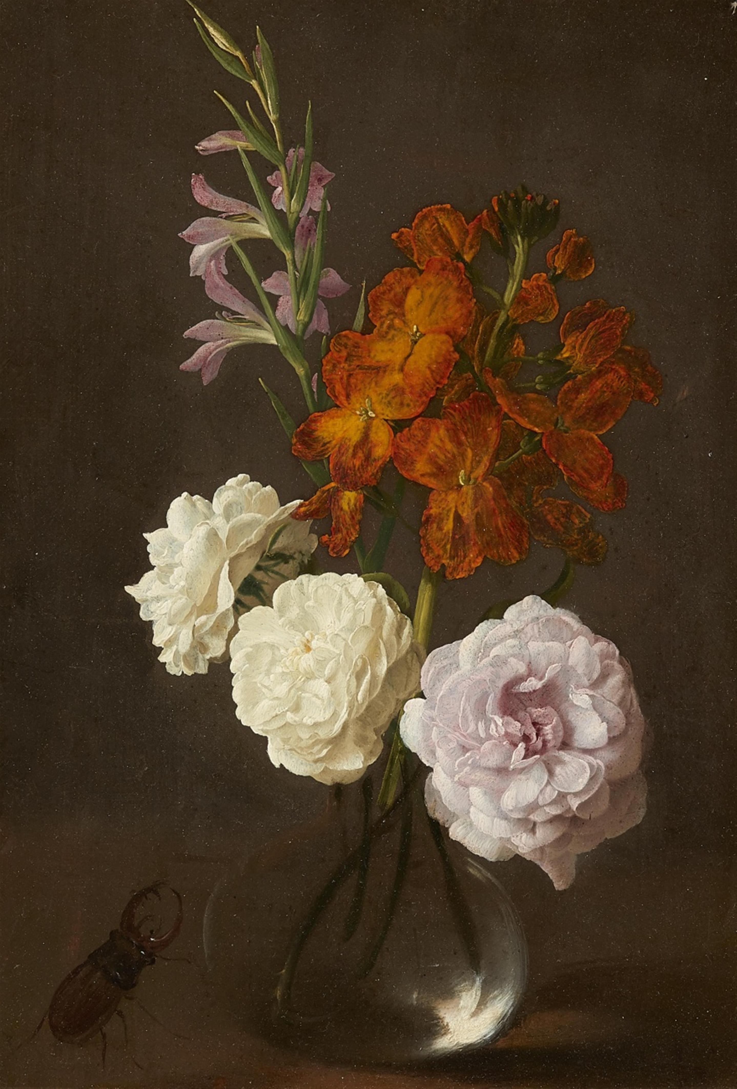 German School 19th century - Flower Still Life with Gladioli, Wallflowers, Roses, and a Stag Beetle - image-1
