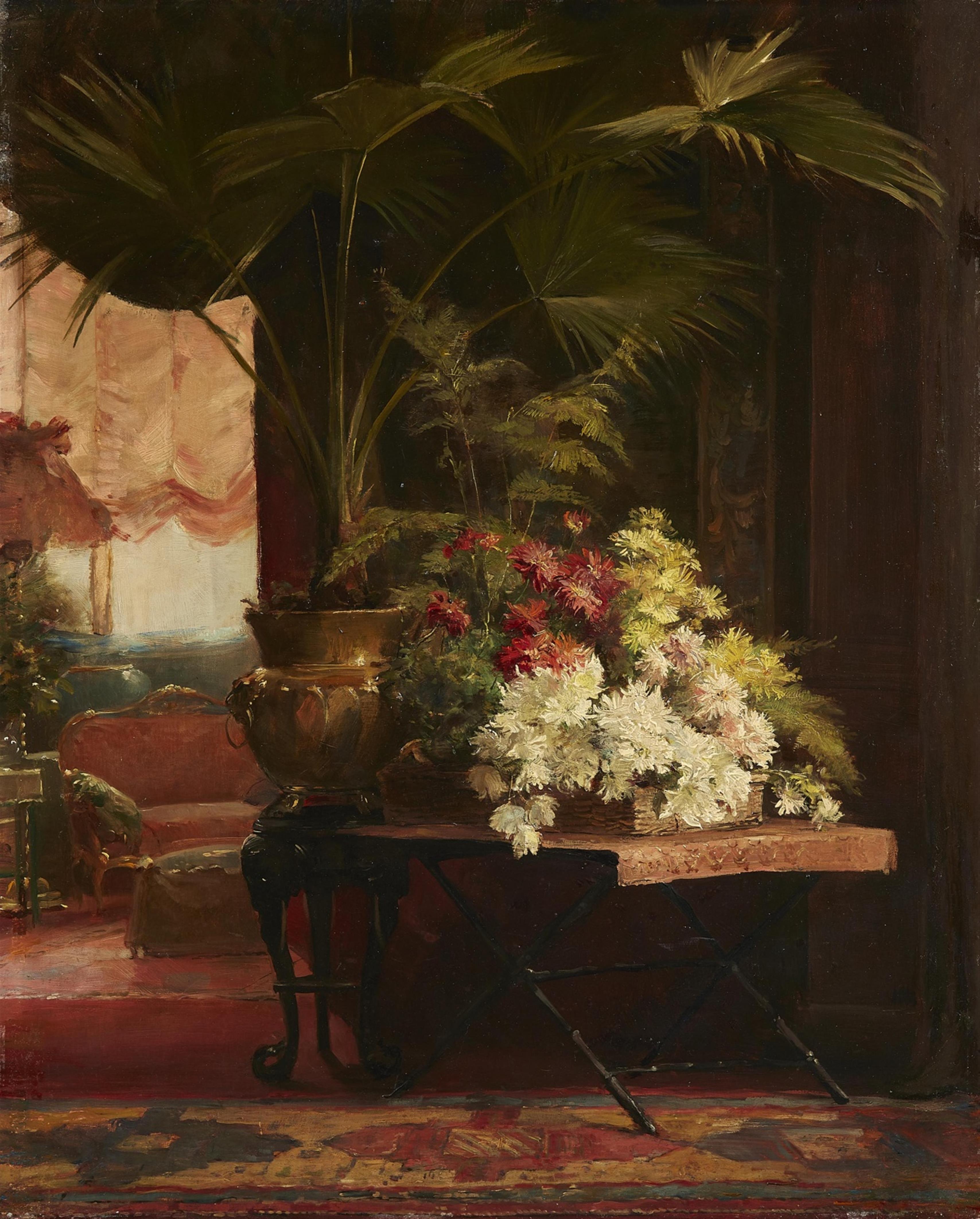French School, 19th century - Salon Scene with a Howea Palm - image-1