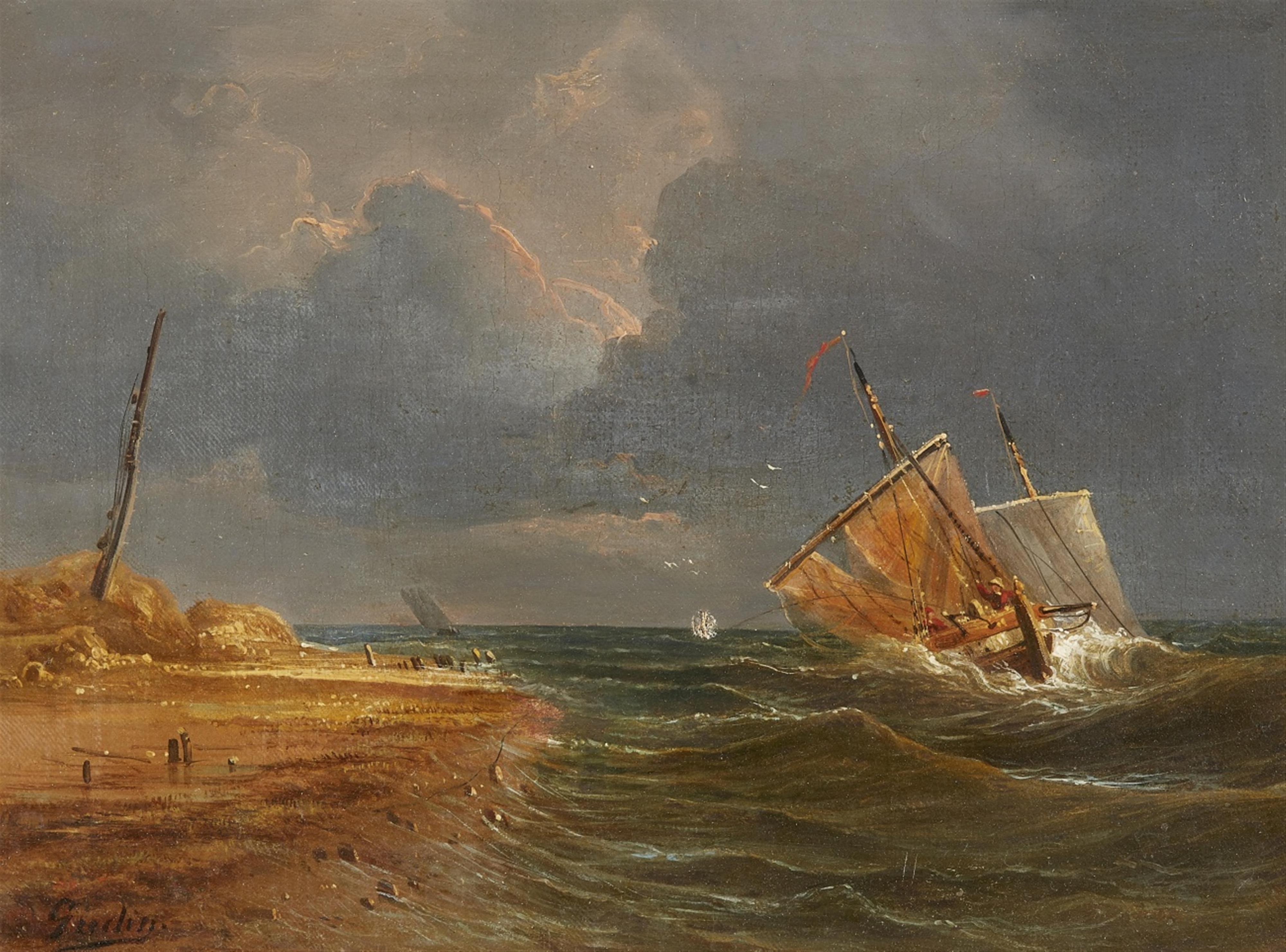 Théodore Gudin - Coastal Landscape with Sailing Boats on Choppy Seas - image-1