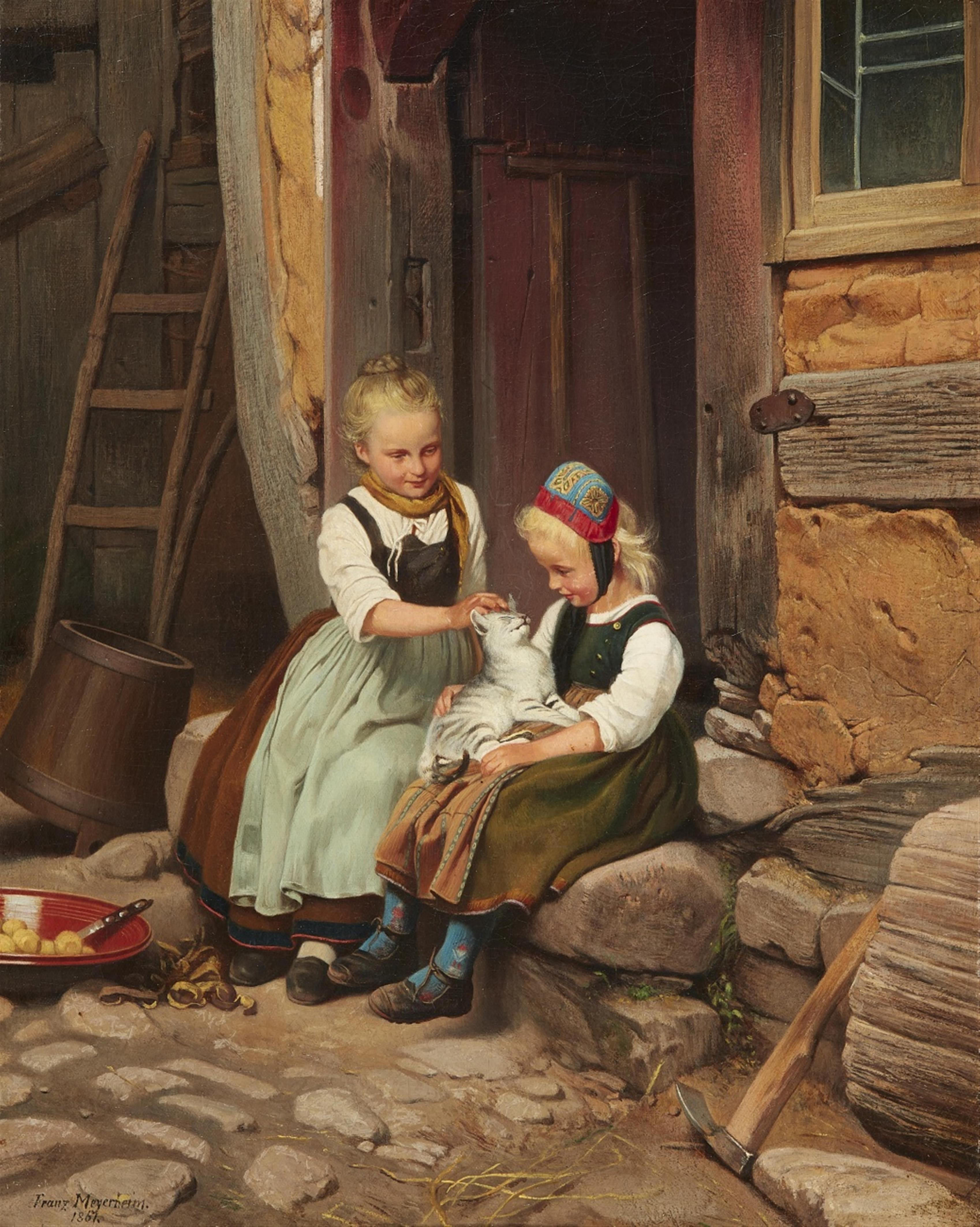 Franz Meyerheim - Two Peasant Girls with a Cat - image-1