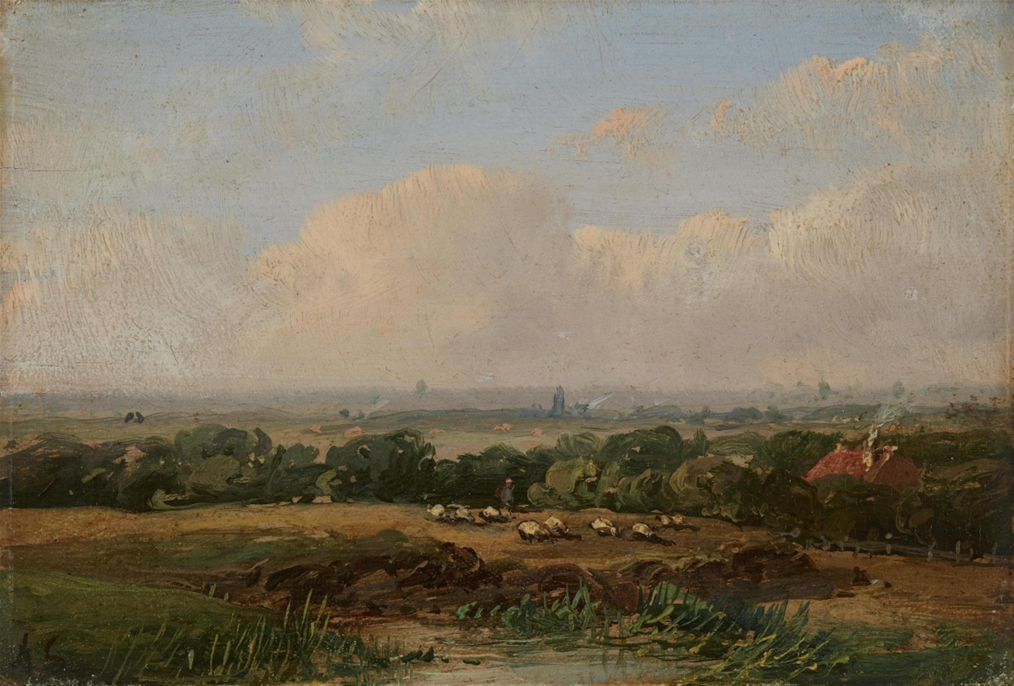 Andreas Schelfhout - Small Landscape with a Flock of Sheep - image-1