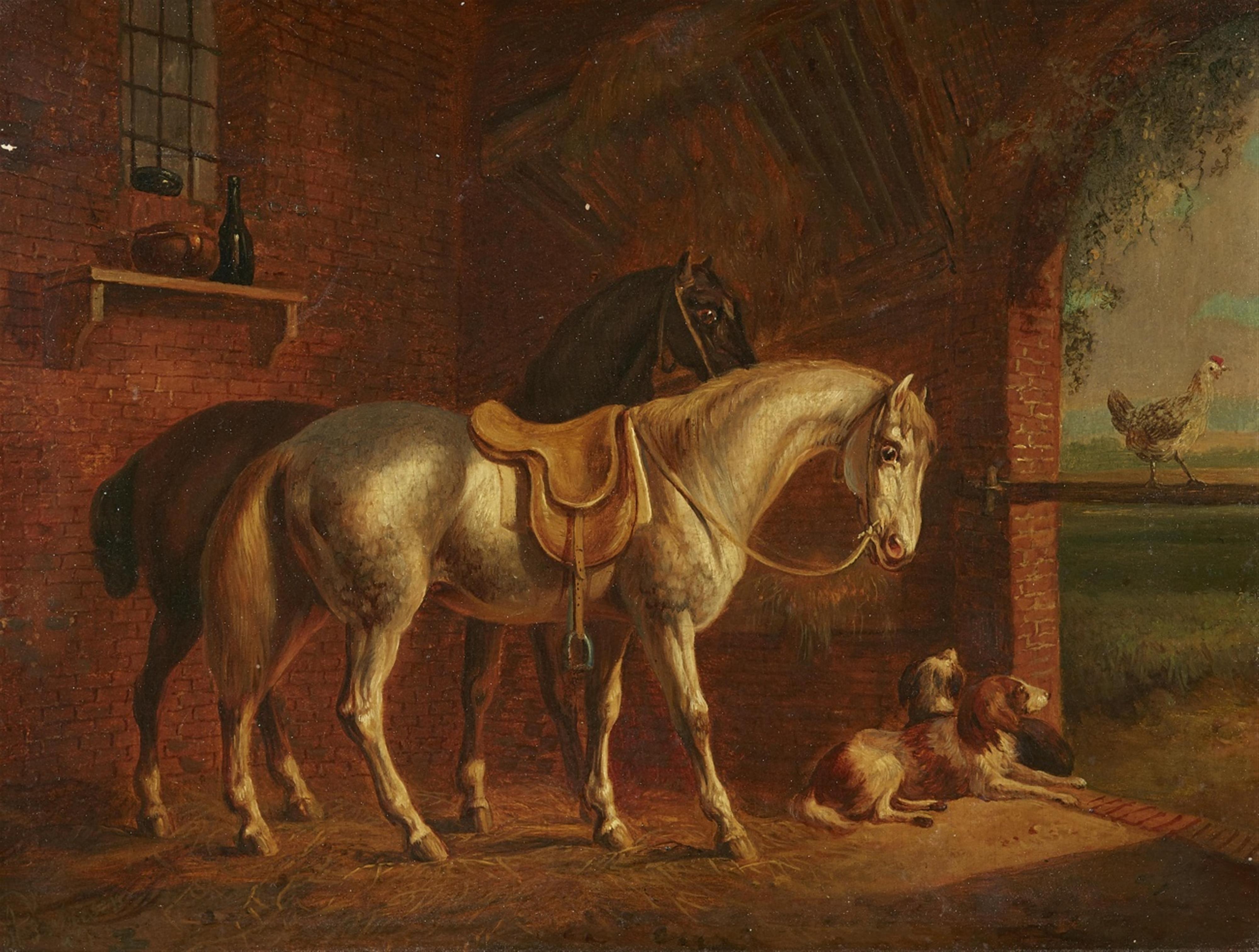 Albertus Verhoesen - Stable Scene with Two Horses - image-1