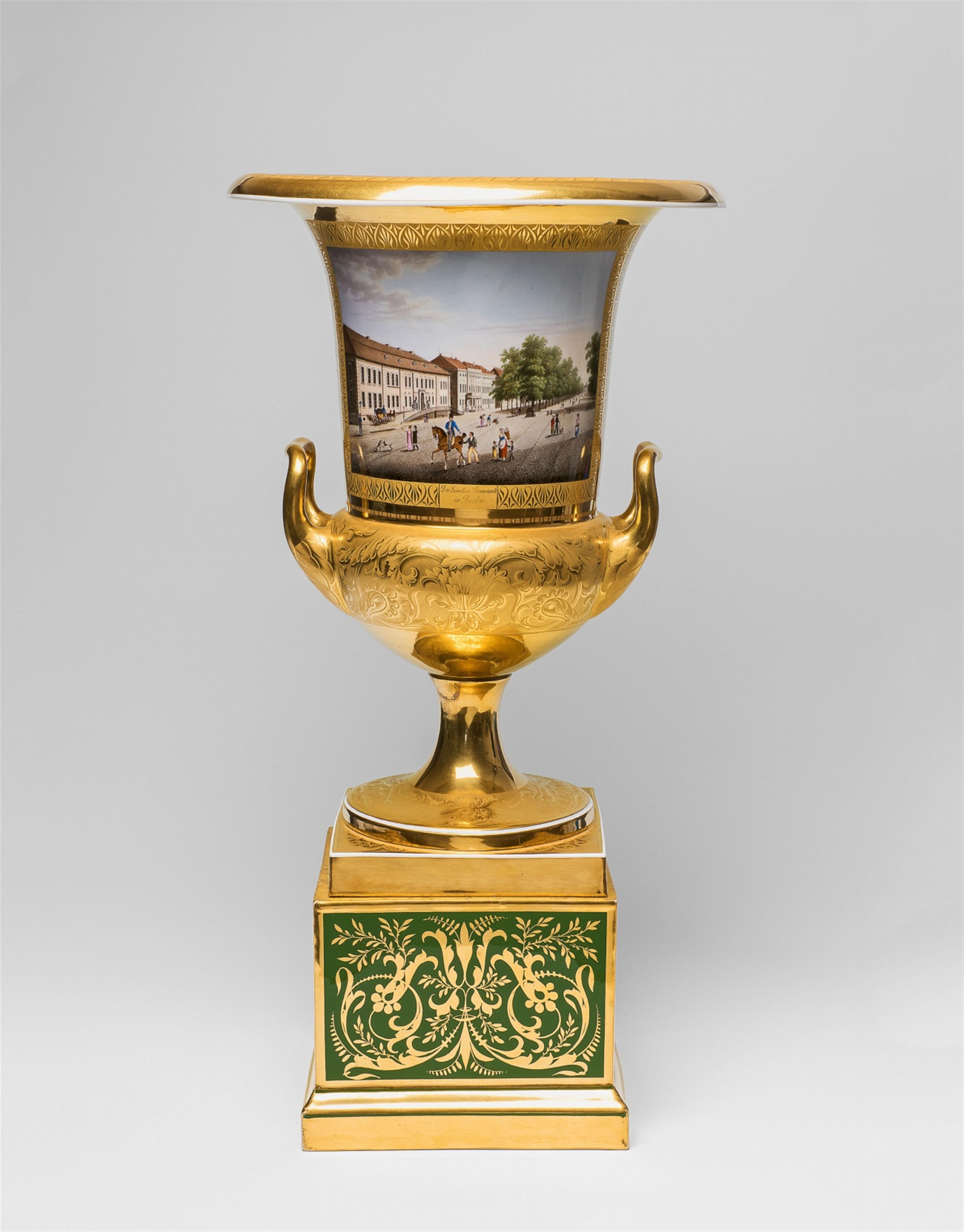 An important signed Berlin KPM porcelain krater-form vase with a view of Unter den Linden - image-1