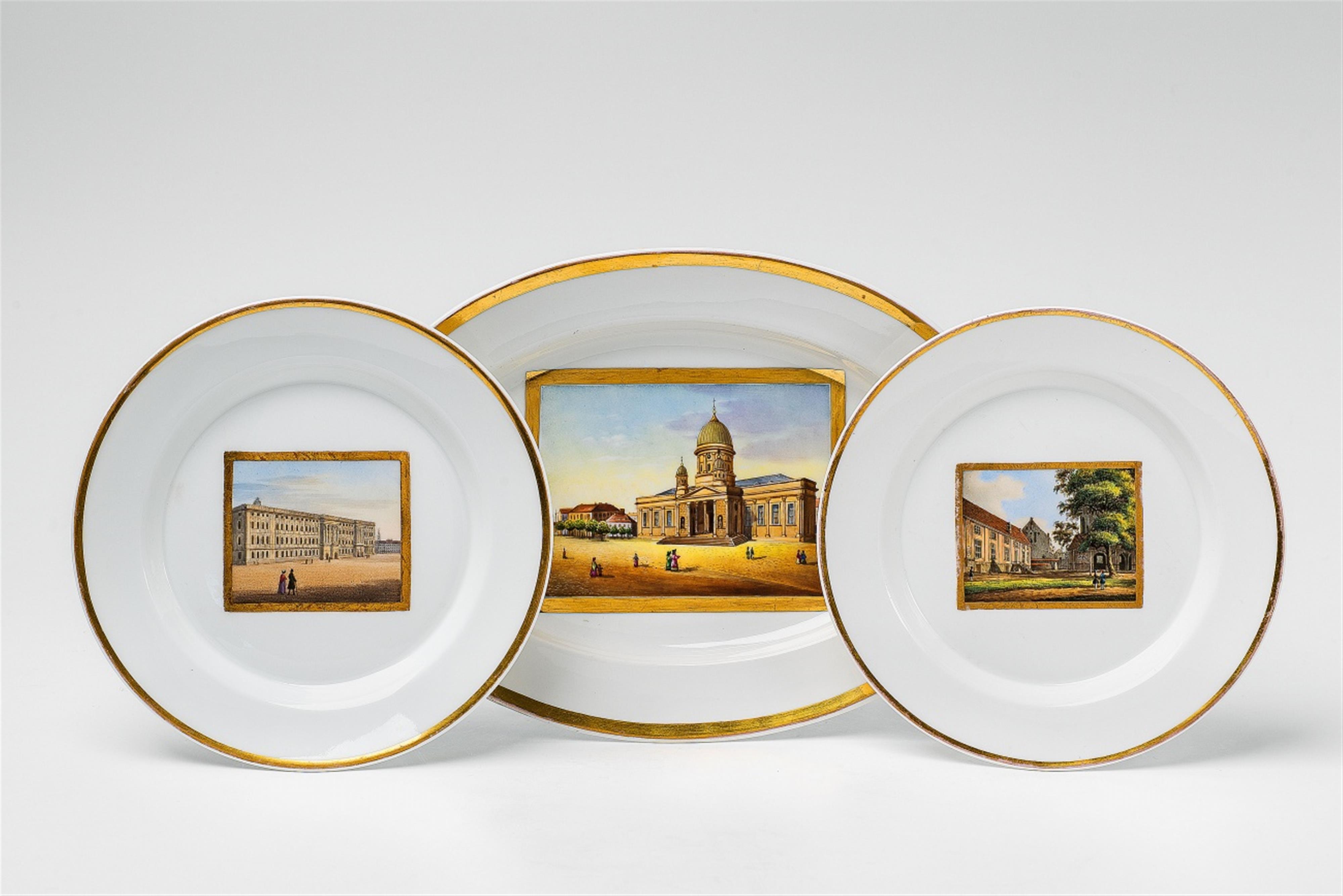 A pair of Berlin KPM porcelain plates and a platter with views of Berlin - image-1
