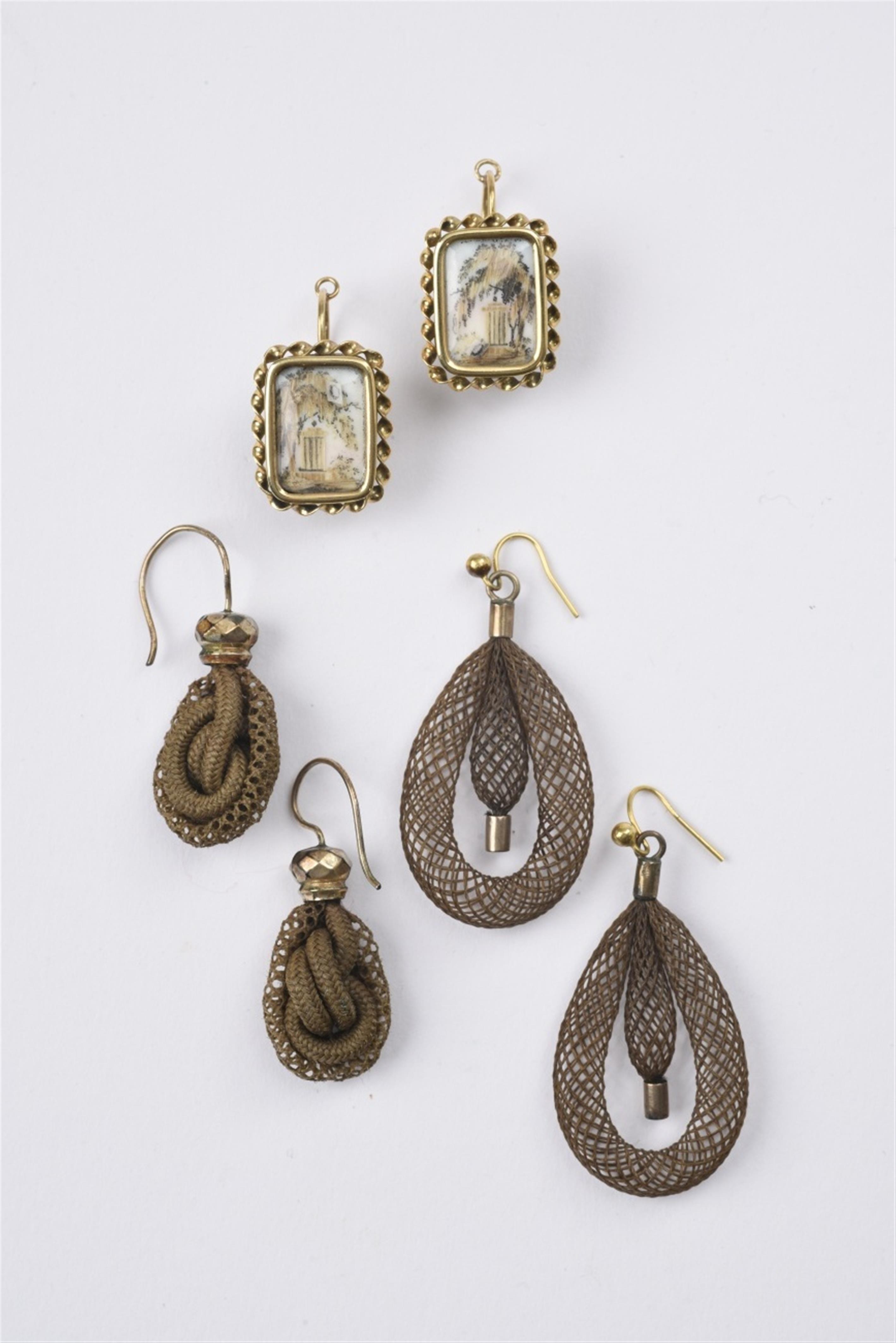 Three pairs of mid-19th century hairwork memorial earrings - image-1
