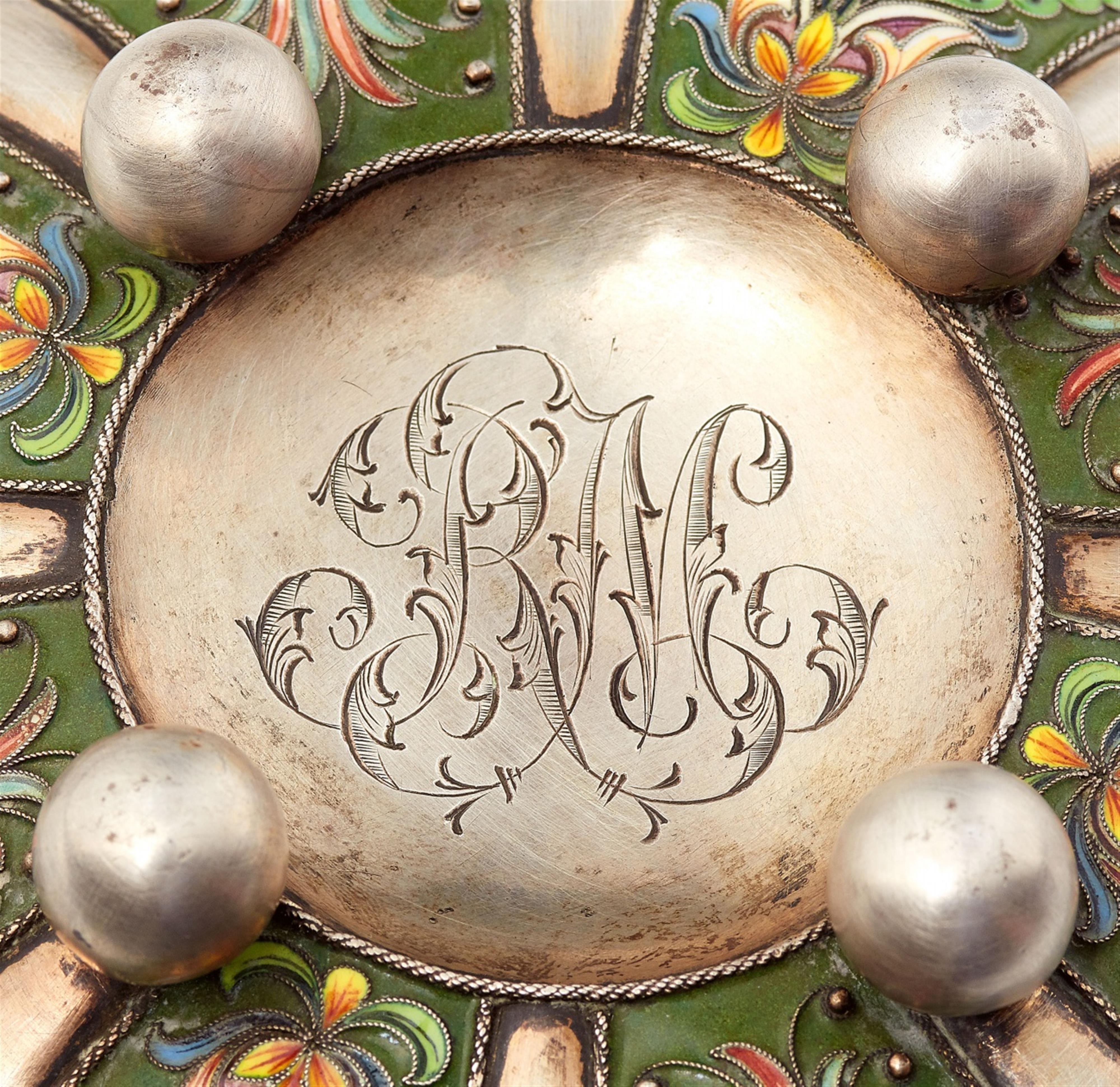 A cloisonné enamelled Moscow silver dish - image-2