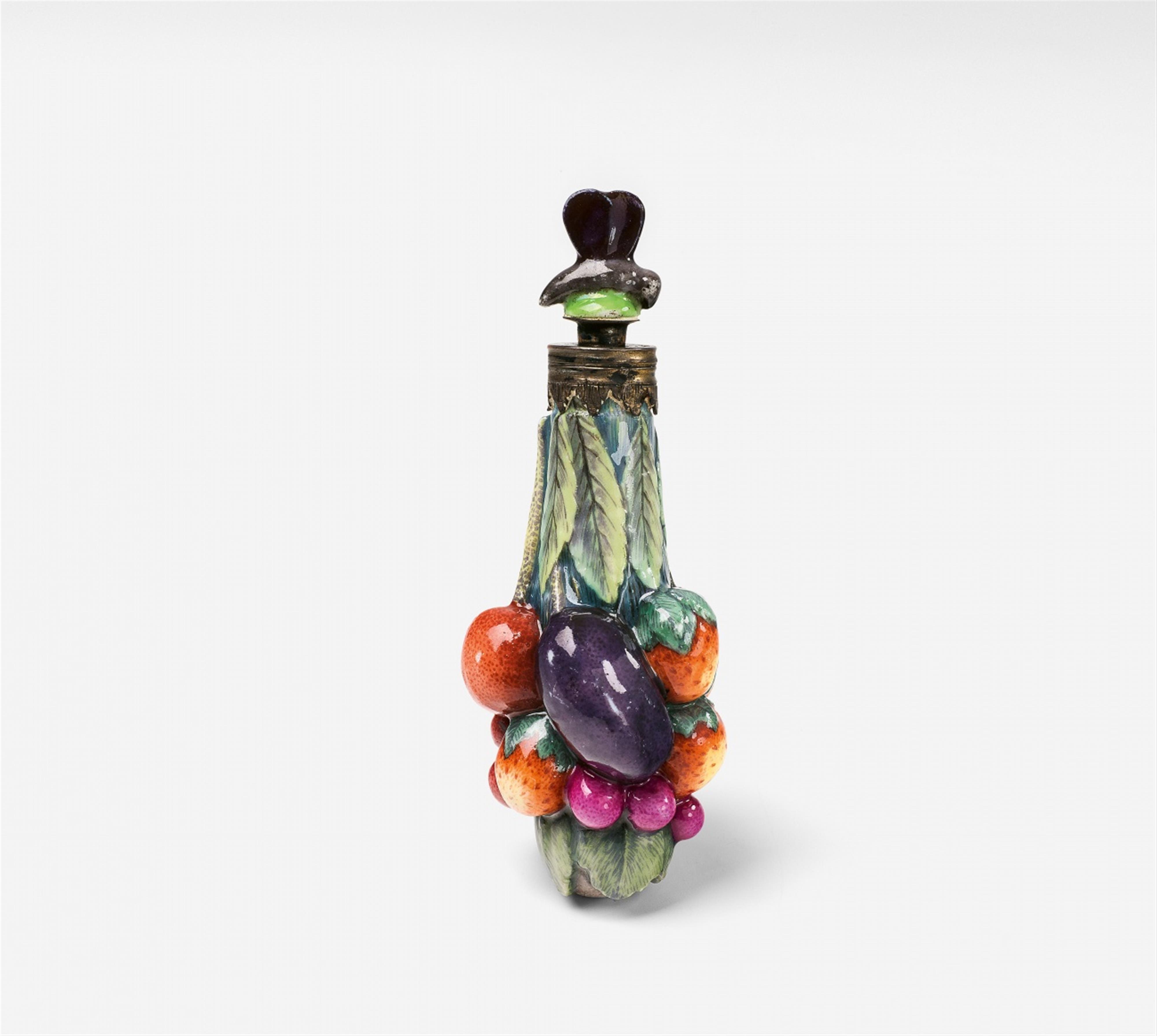 A silver-mounted Chelsea porcelain bottle formed as a bunch of fruit - image-1