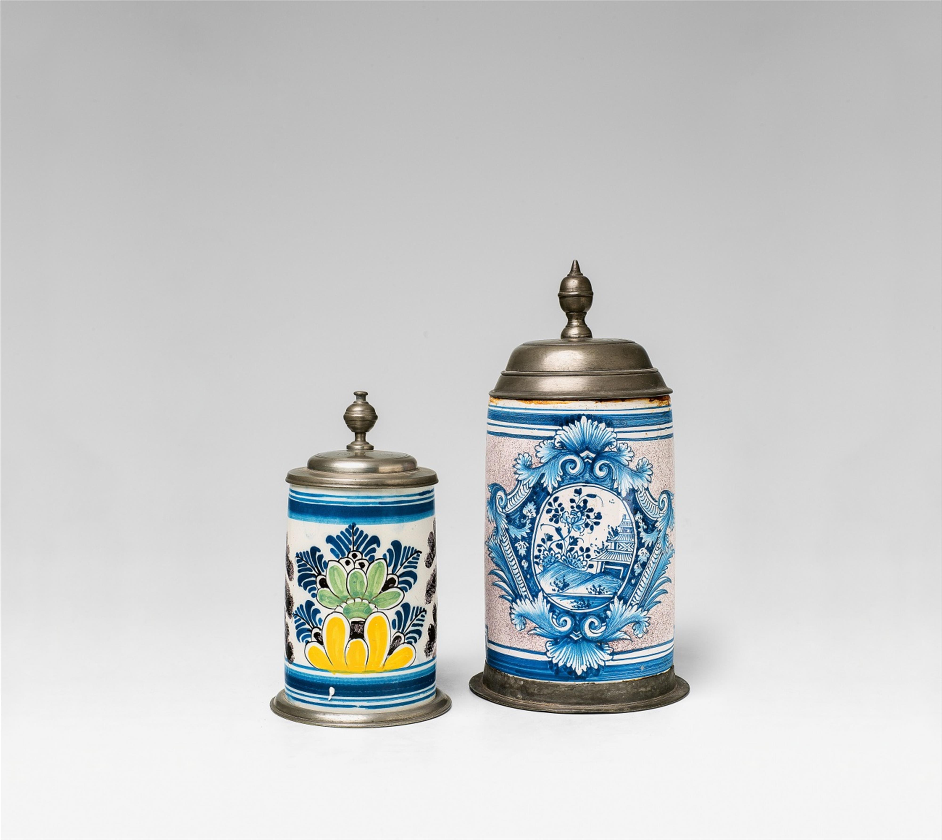 Two pewter-mounted faience tankards  - image-1