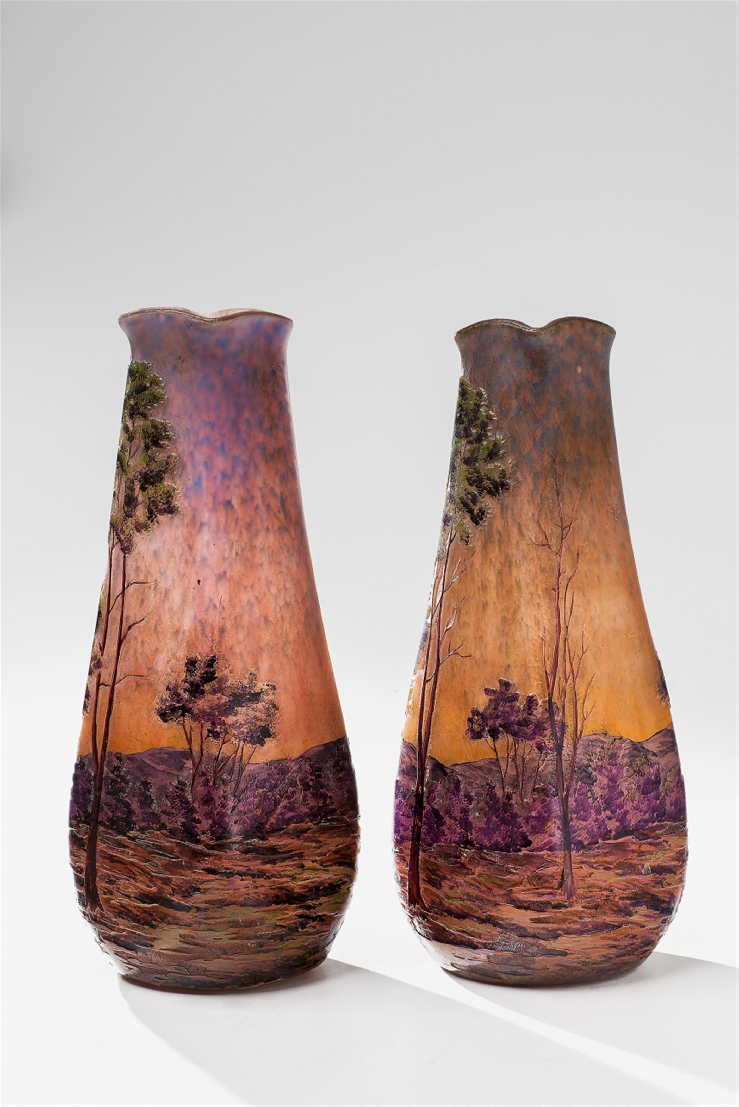 A pair of Muller Frères etched glass vases with landscape decor - image-1