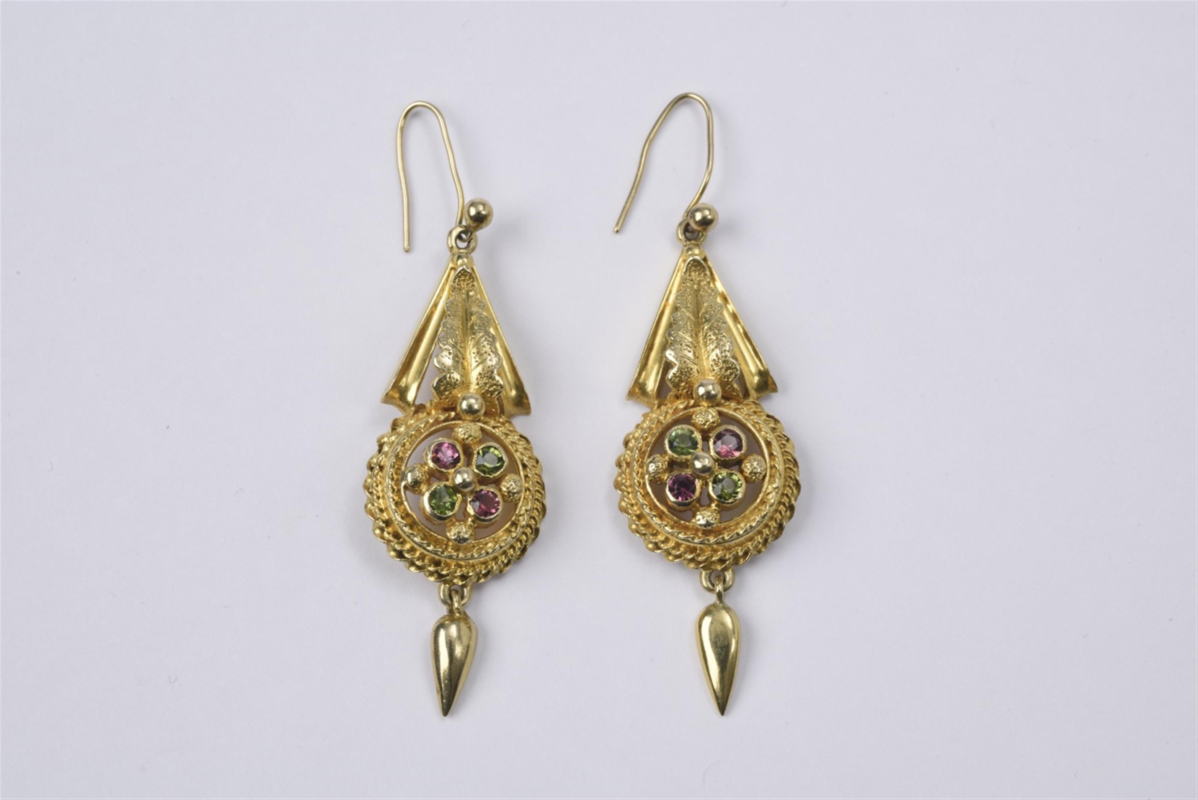 A pair of 14k gold and tourmaline pendant earrings - image-1