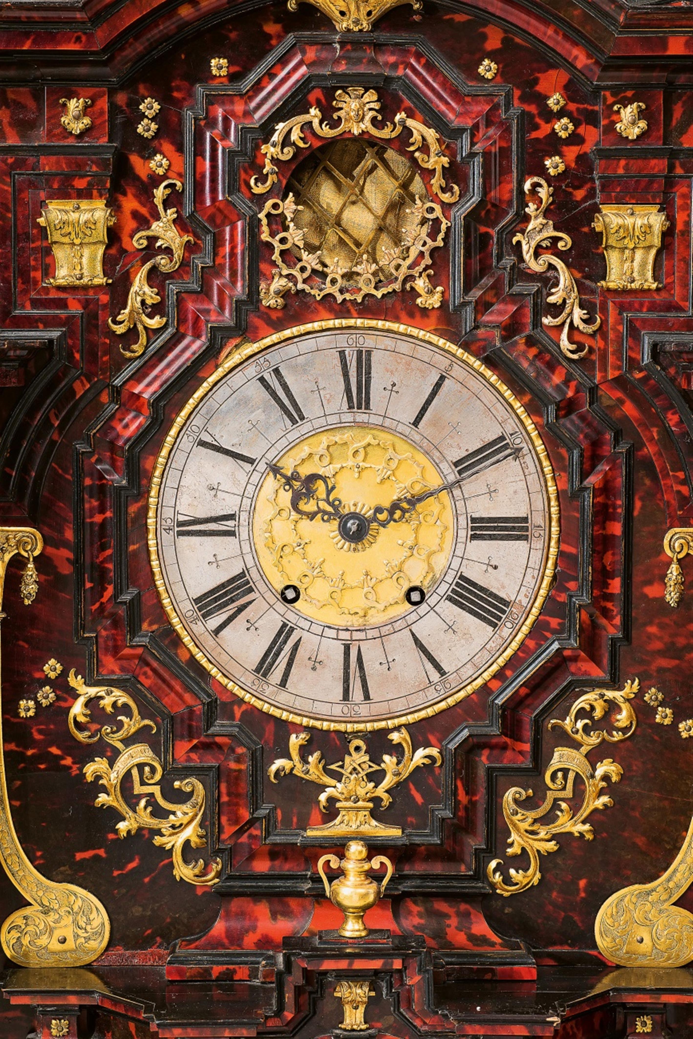 A splendid Augsburg tortoiseshell veneer cabinet and clock - image-2