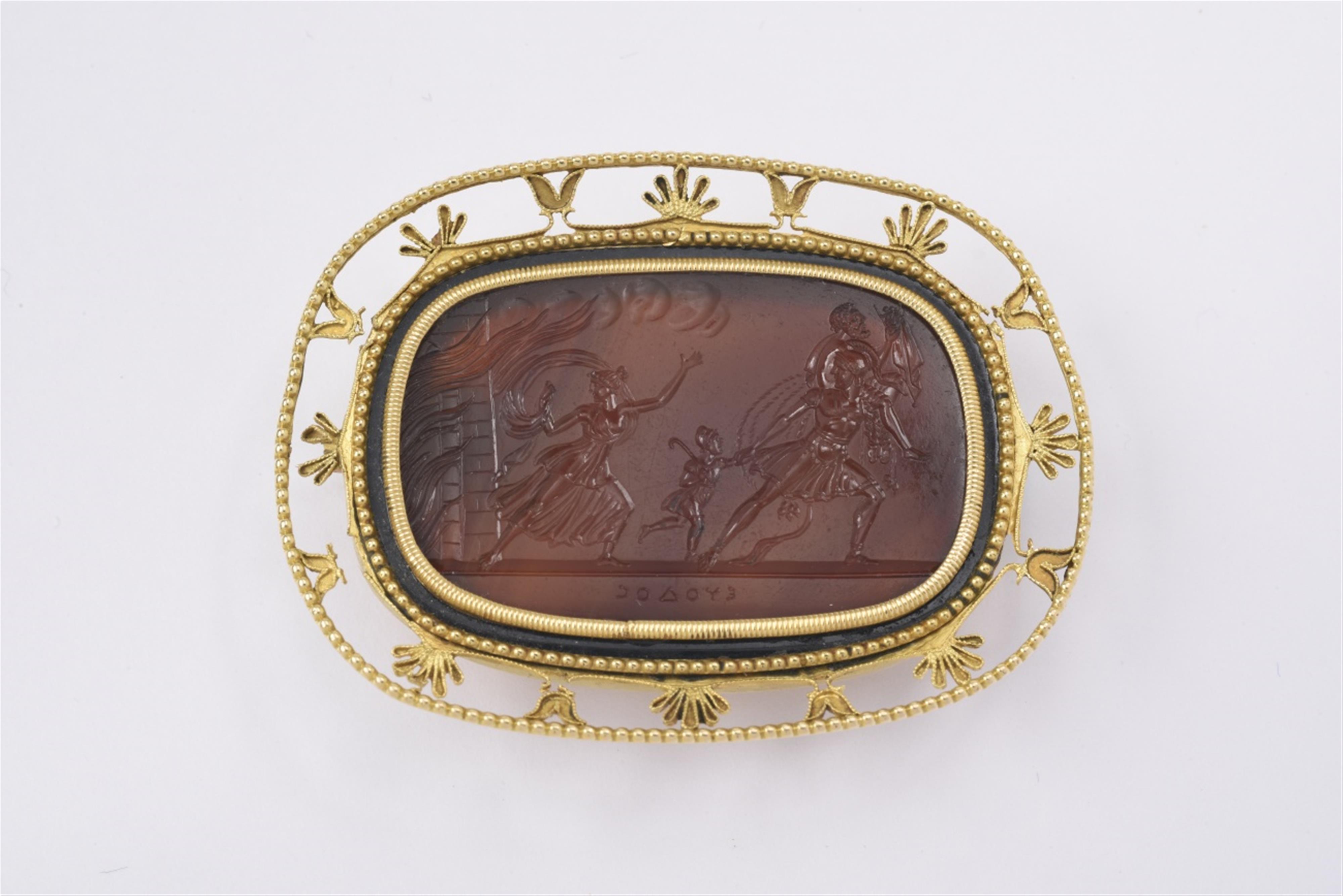 A 14k gold brooch with a Neoclassical Poniatowski sardonyx intaglio in its original gold and enamel mount. - image-1