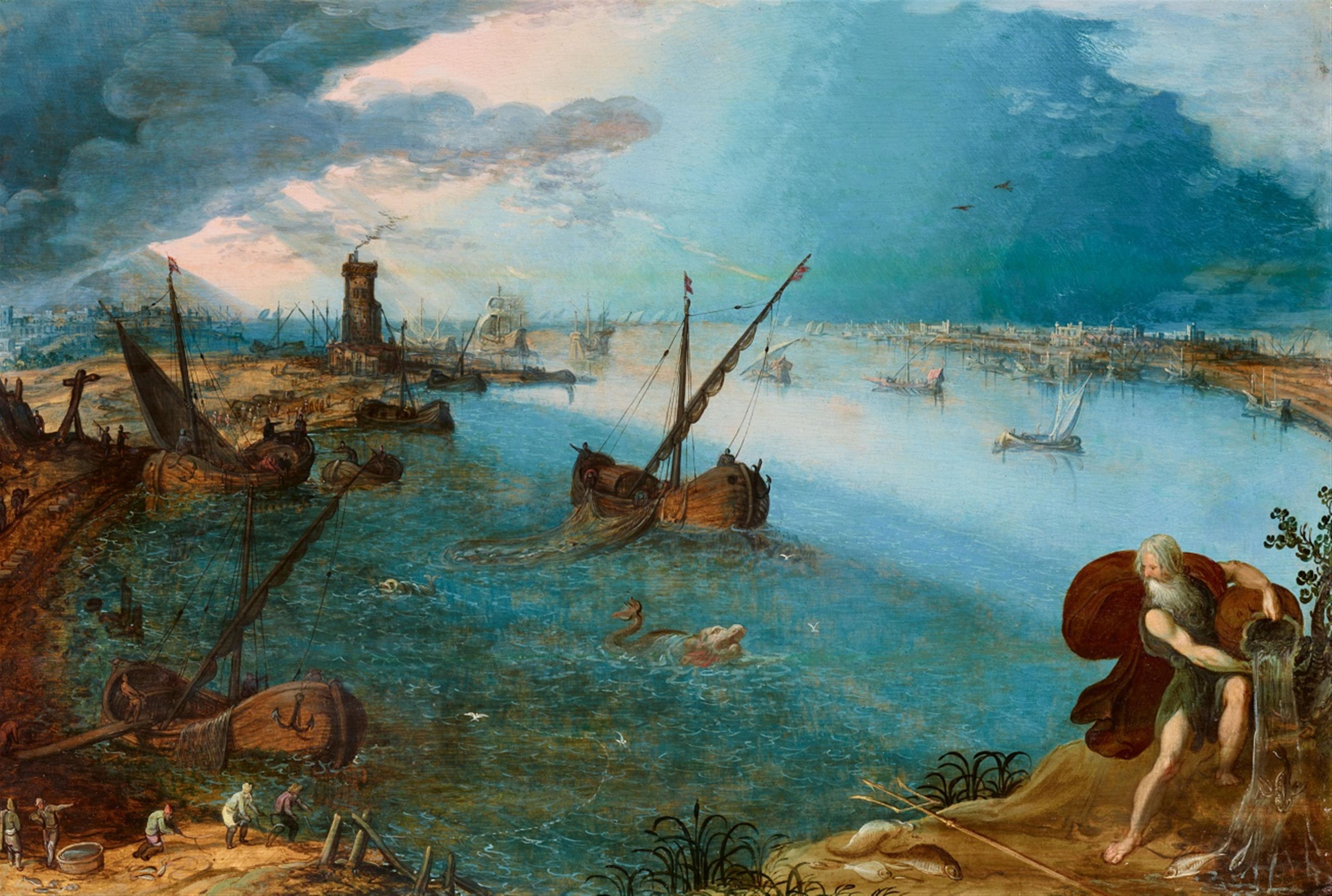 Louis de Caullery - Weite Hafenansicht mit Fischern und Neptun vor einer Stadtkulisse - image-1