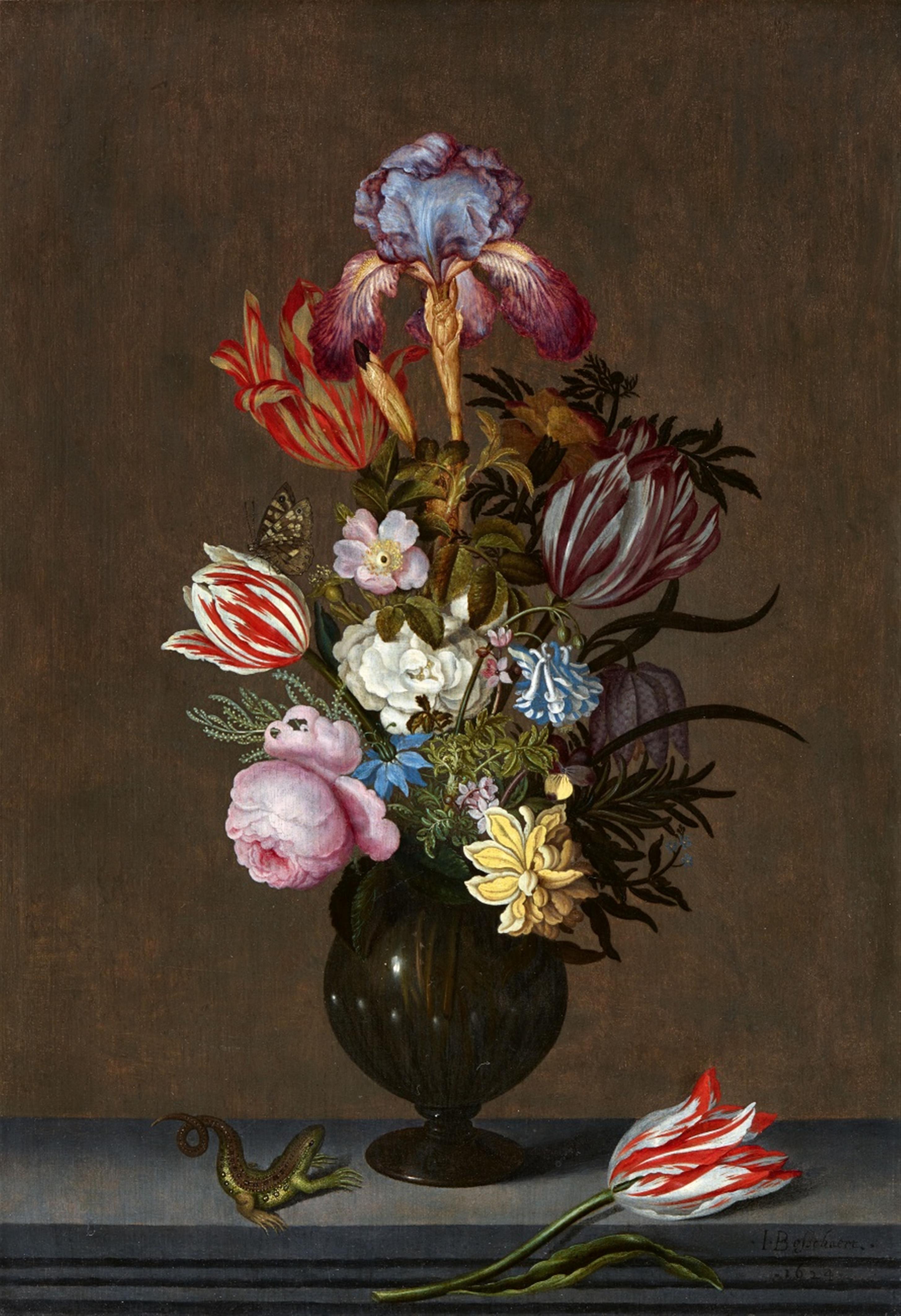 Johannes Bosschaert - Still Life with Flowers, Leaves, a Butterfly, and a Lizard - image-1