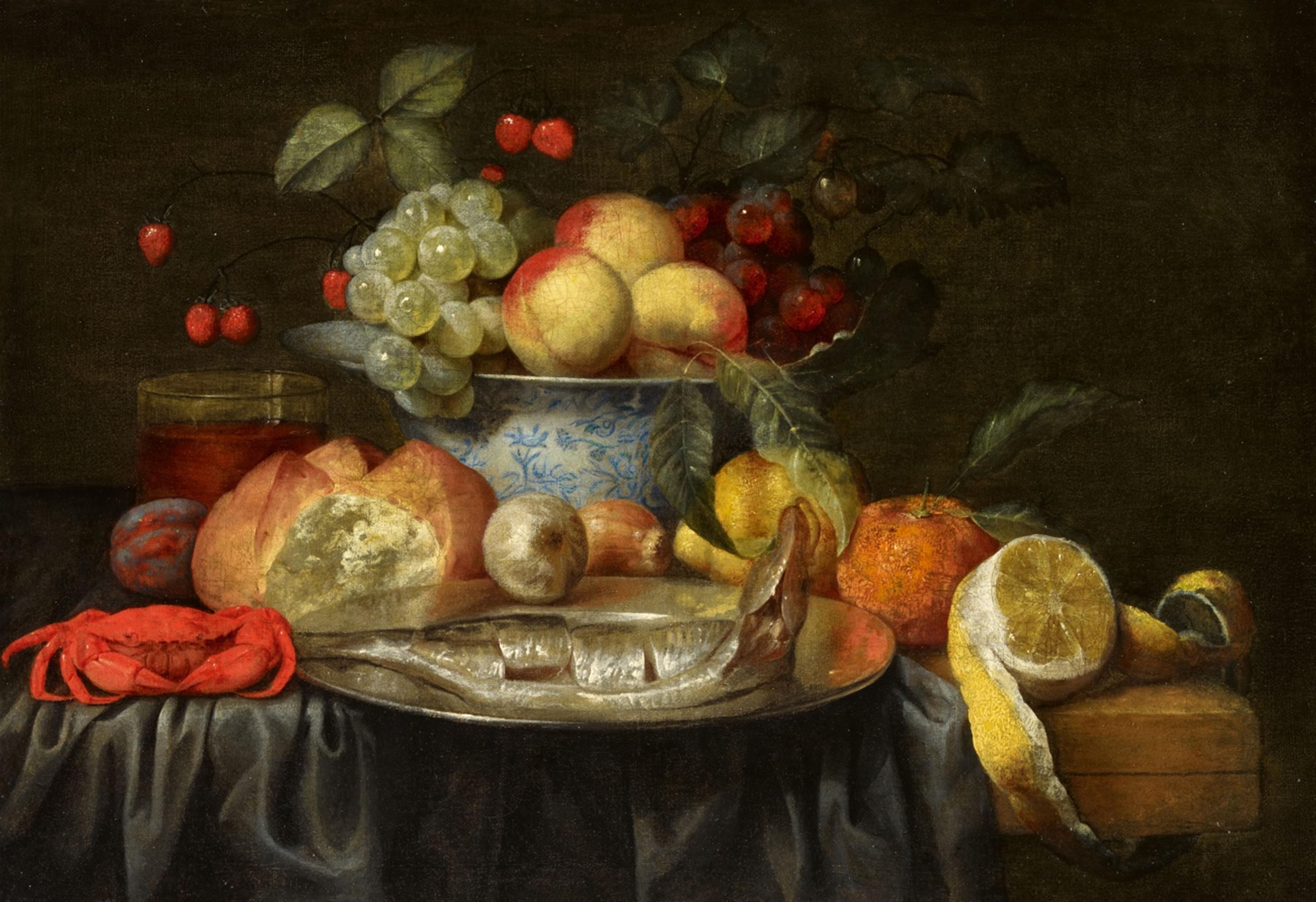 Joris van Son - Still Life with Bread, a Crab, Fish, Fruit, and a Porcelain Dish - image-1