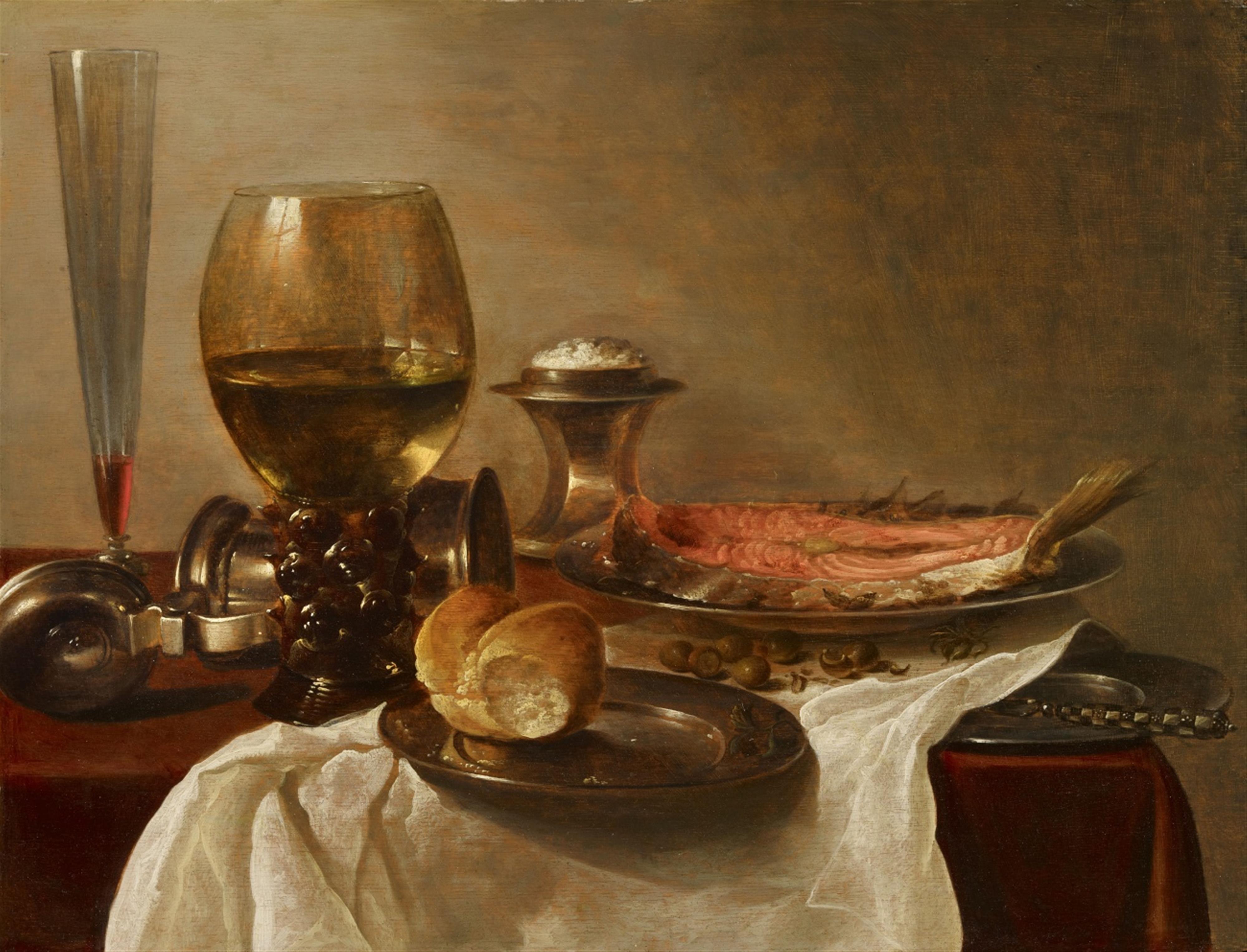 Cornelis Kruys - Still Life with Glasses, Bread, and Salmon - image-1