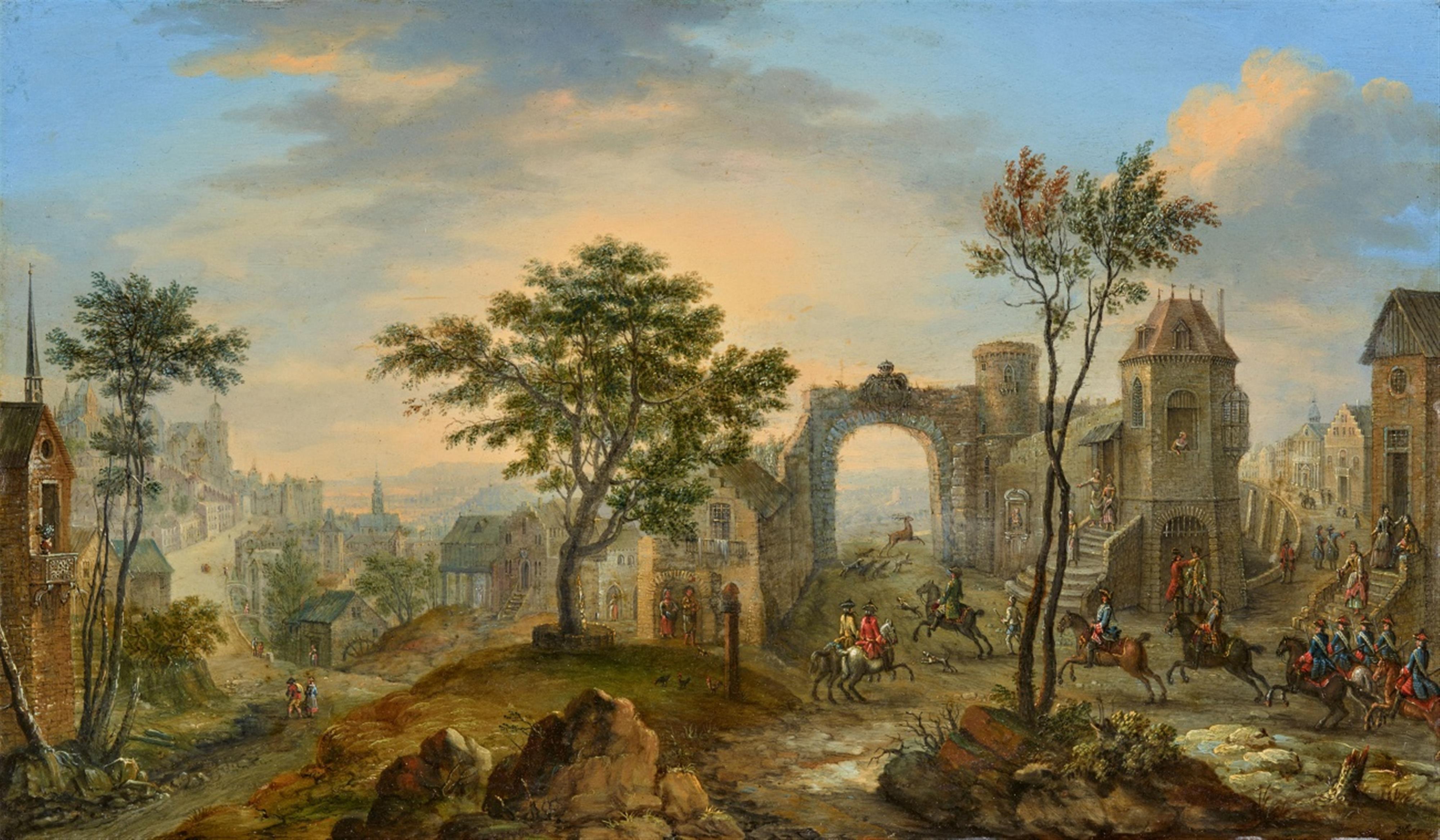 Dutch School early 18th Century - View of a Town with a Hunting Party - image-1