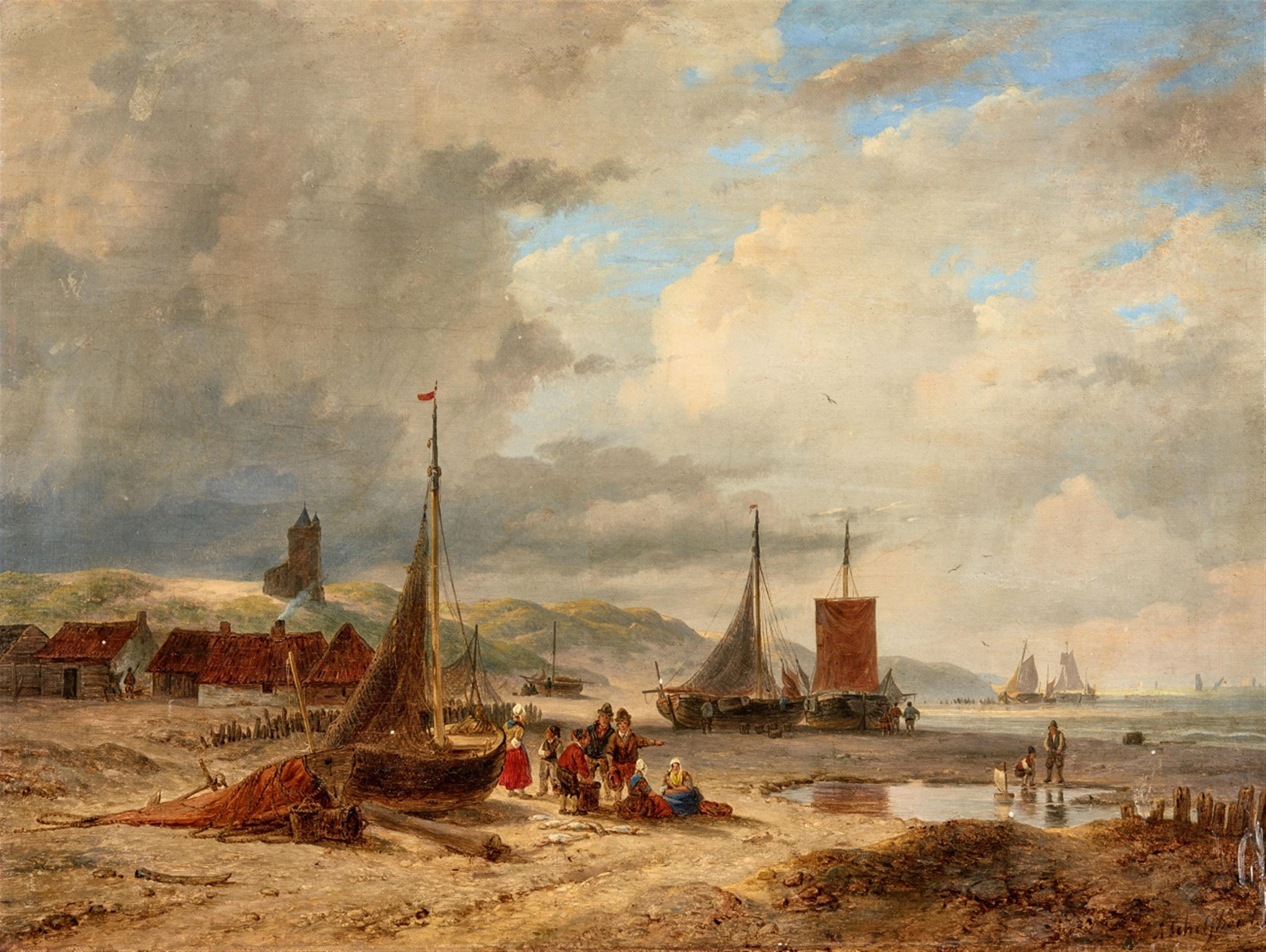 Andreas Schelfhout - Coastal Scene with Boats and Fishermen's Huts - image-1