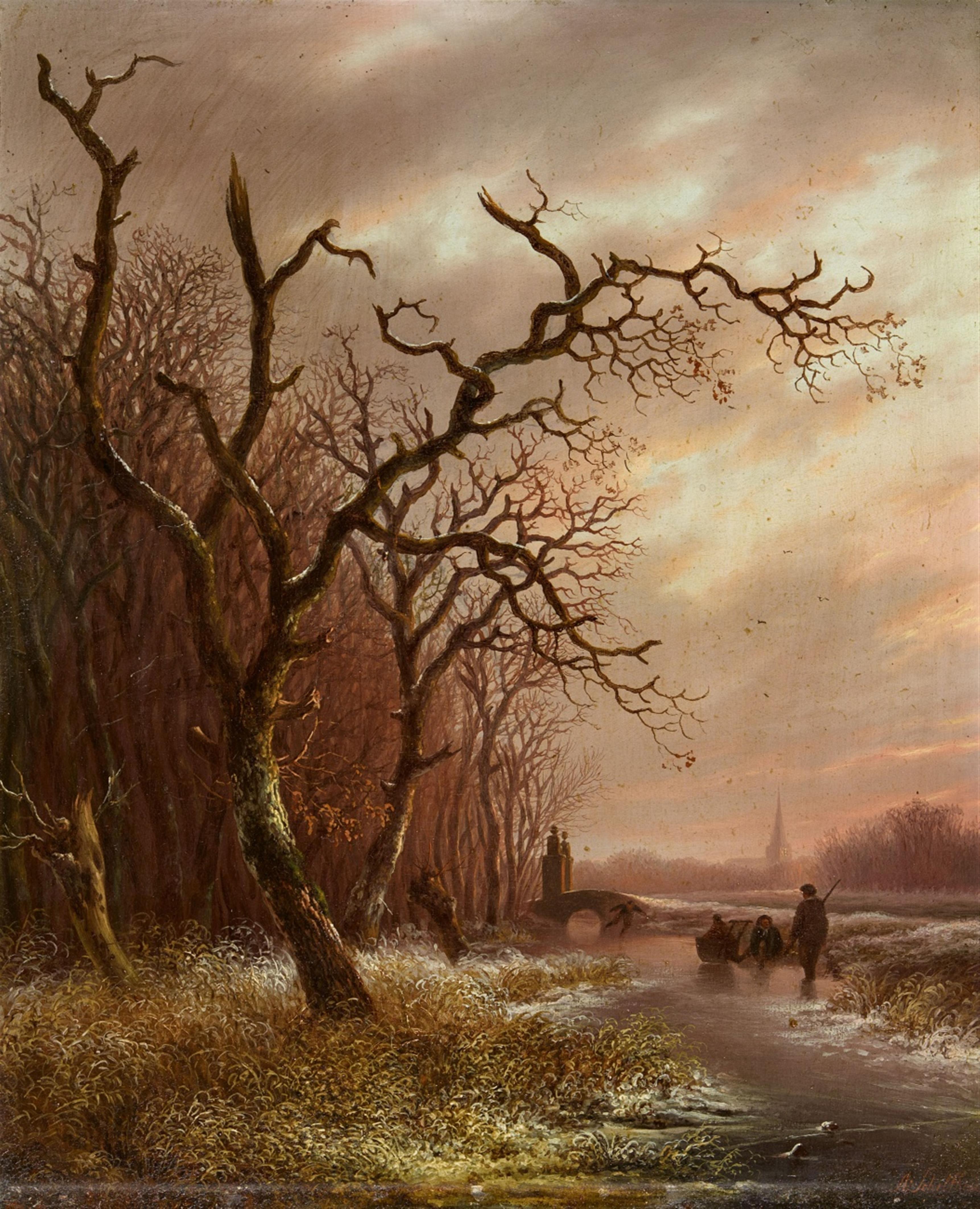 Andreas Schelfhout - Evening Winter Scene with Skaters - image-1