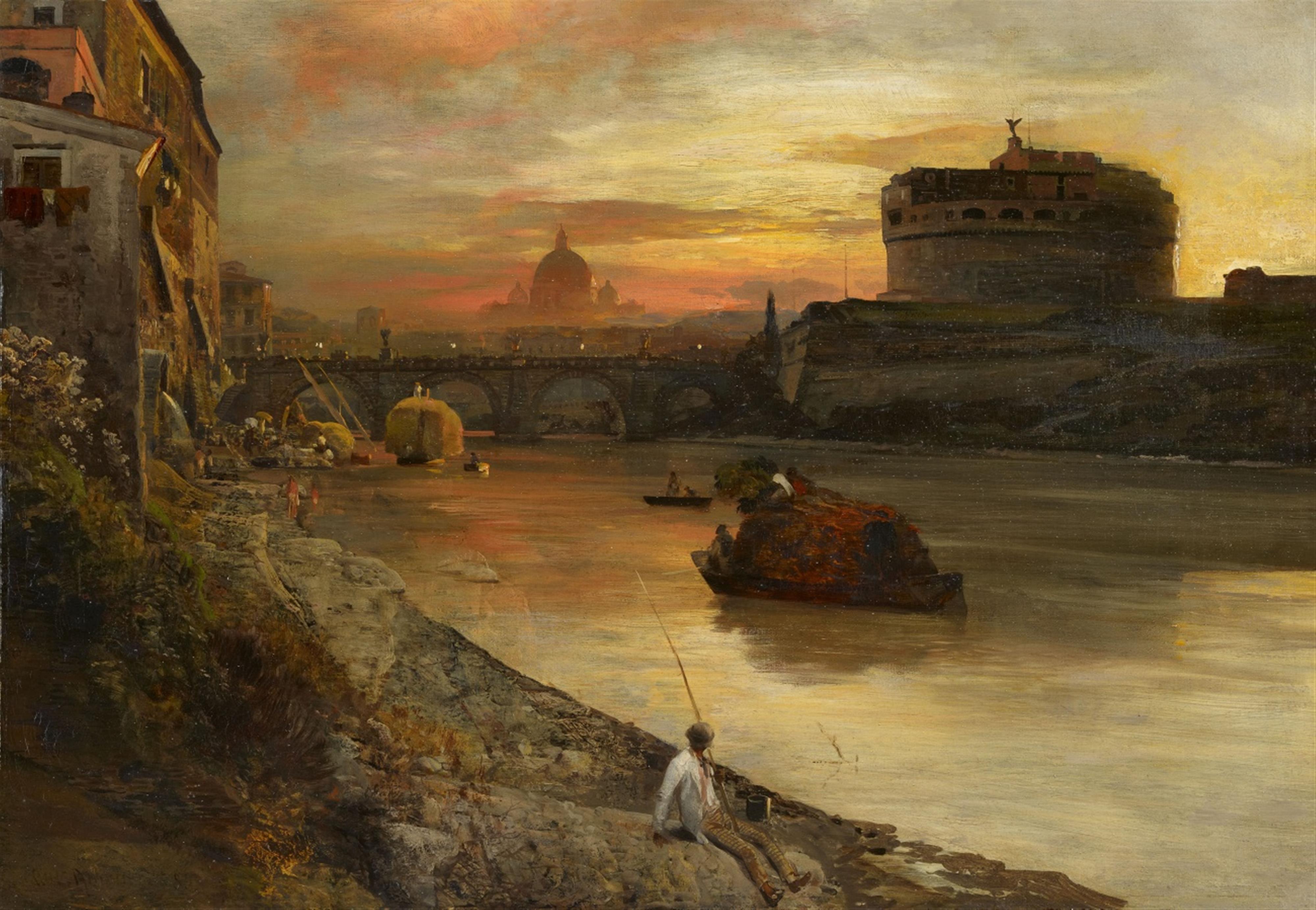 Oswald Achenbach - View of Rome with the Castel Sant'Angelo and a Fisher on the Banks of the Tiber - image-1