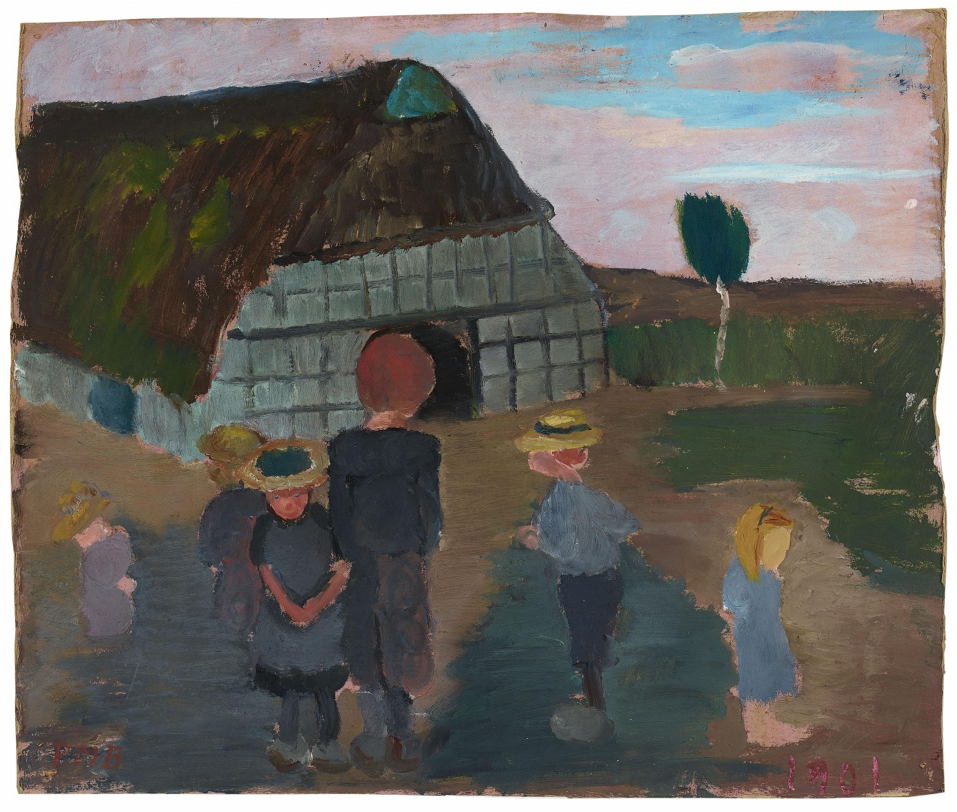Paula Modersohn-Becker - Kinder vor Bauernhaus. Verso: Birkenstämme und Haus - image-1