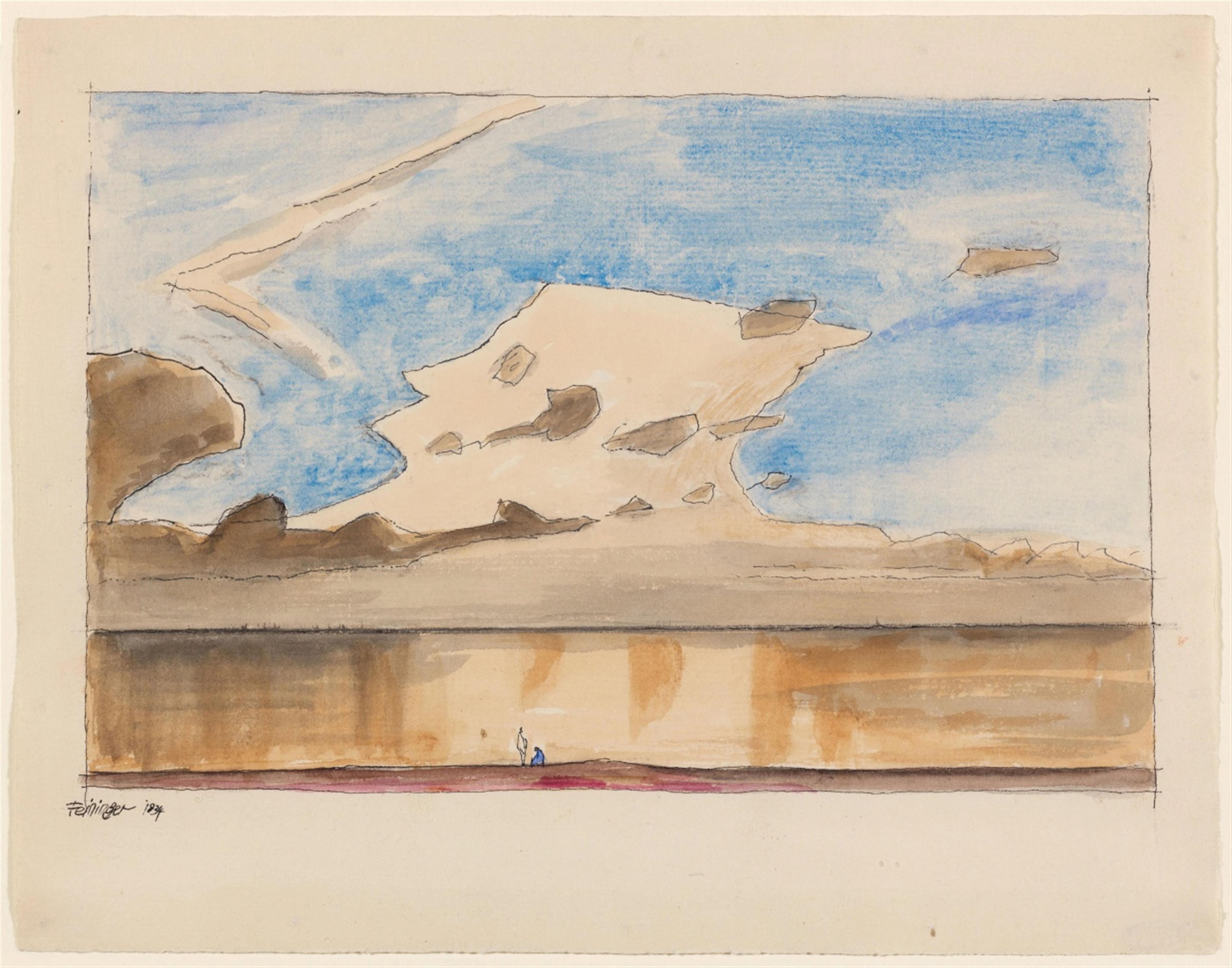 Lyonel Feininger - Untitled (Wolken über dem Meer mit zwei Figuren am Strand) - image-1