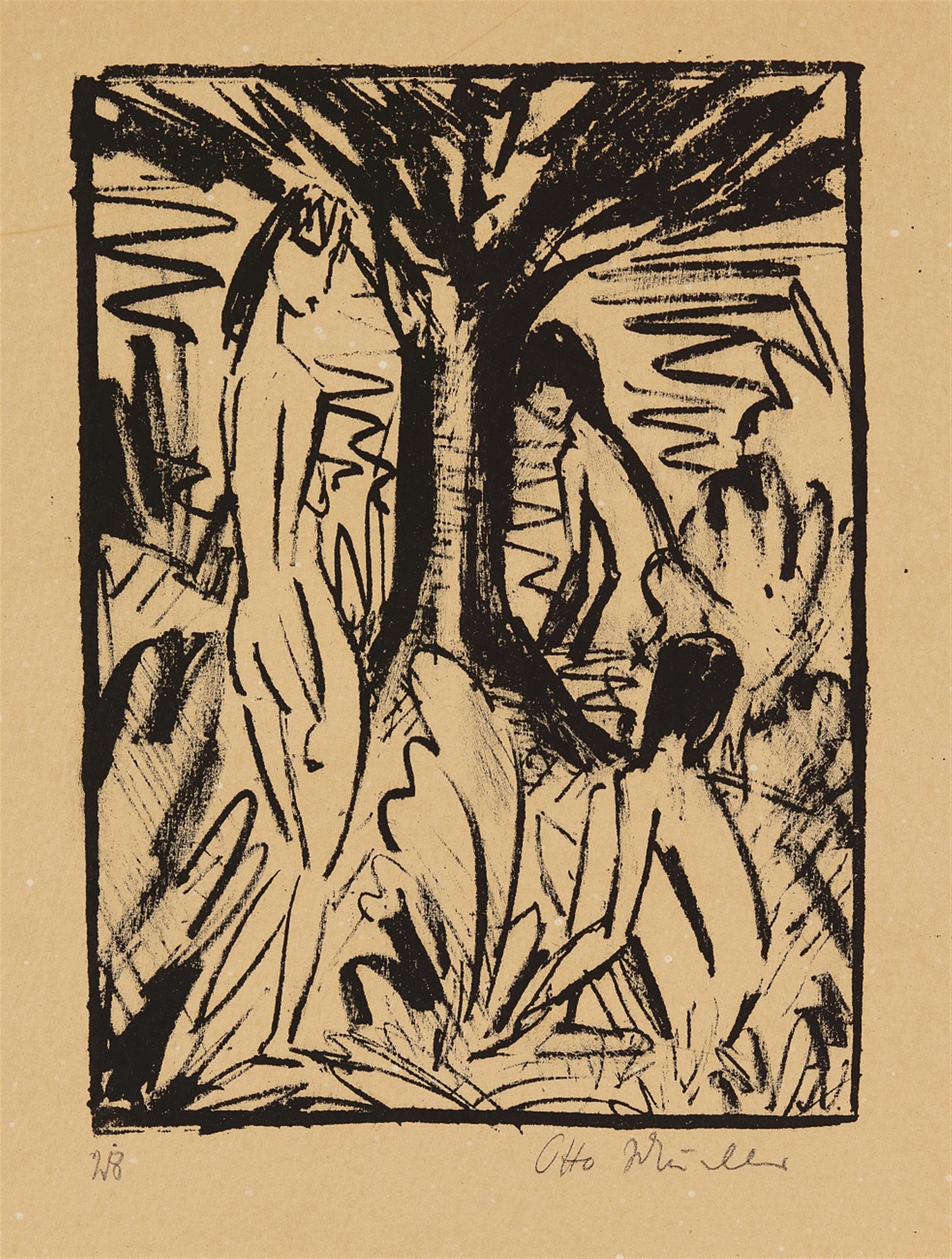 Otto Mueller - Stehendes, sitzendes und badendes Mädchen am Baum (Akte unter Bäumen) - image-1