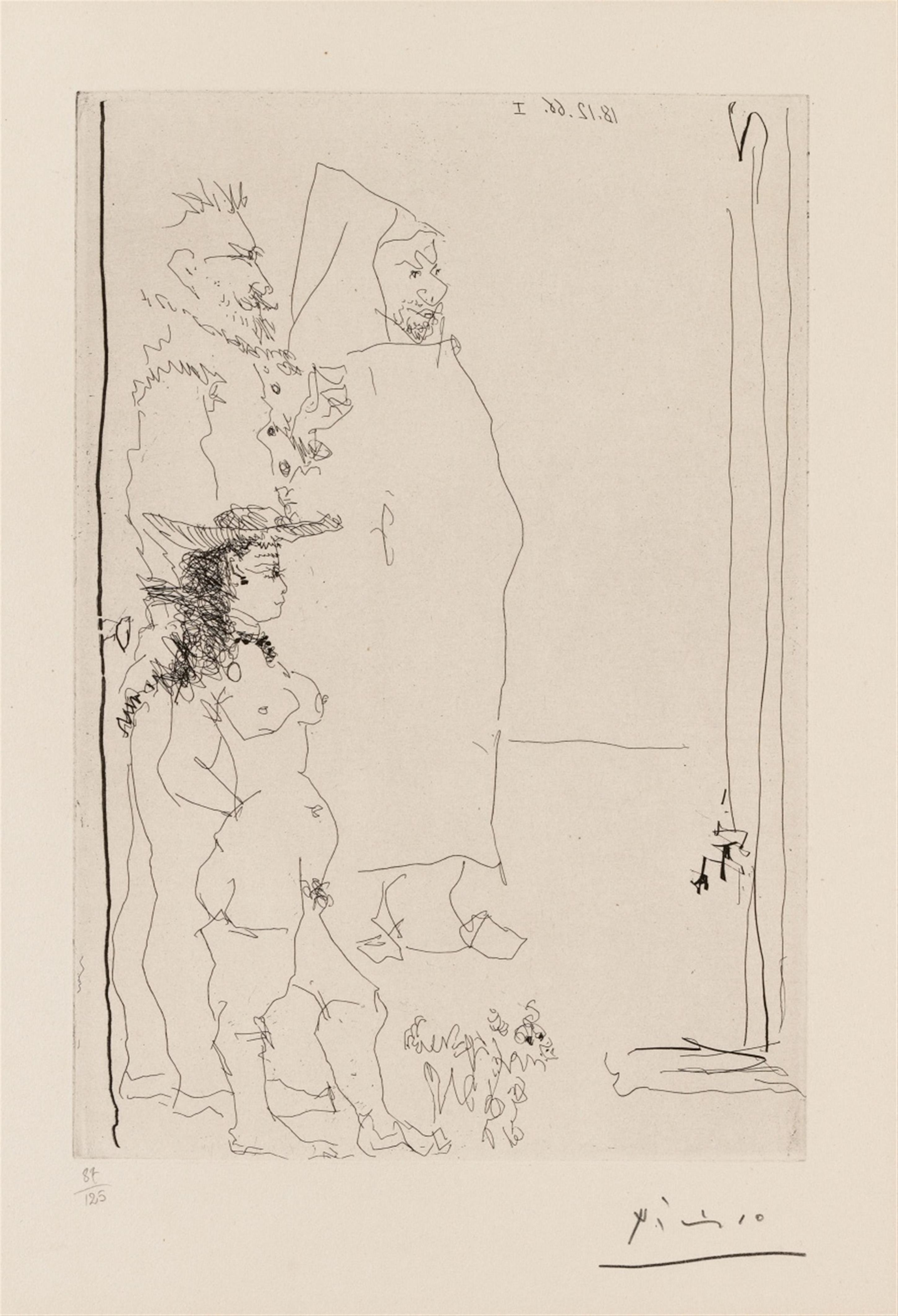 Pablo Picasso - Trois Personnages, dont une caricature d' après el greco et une d' après tintin, et un petit chien - image-1