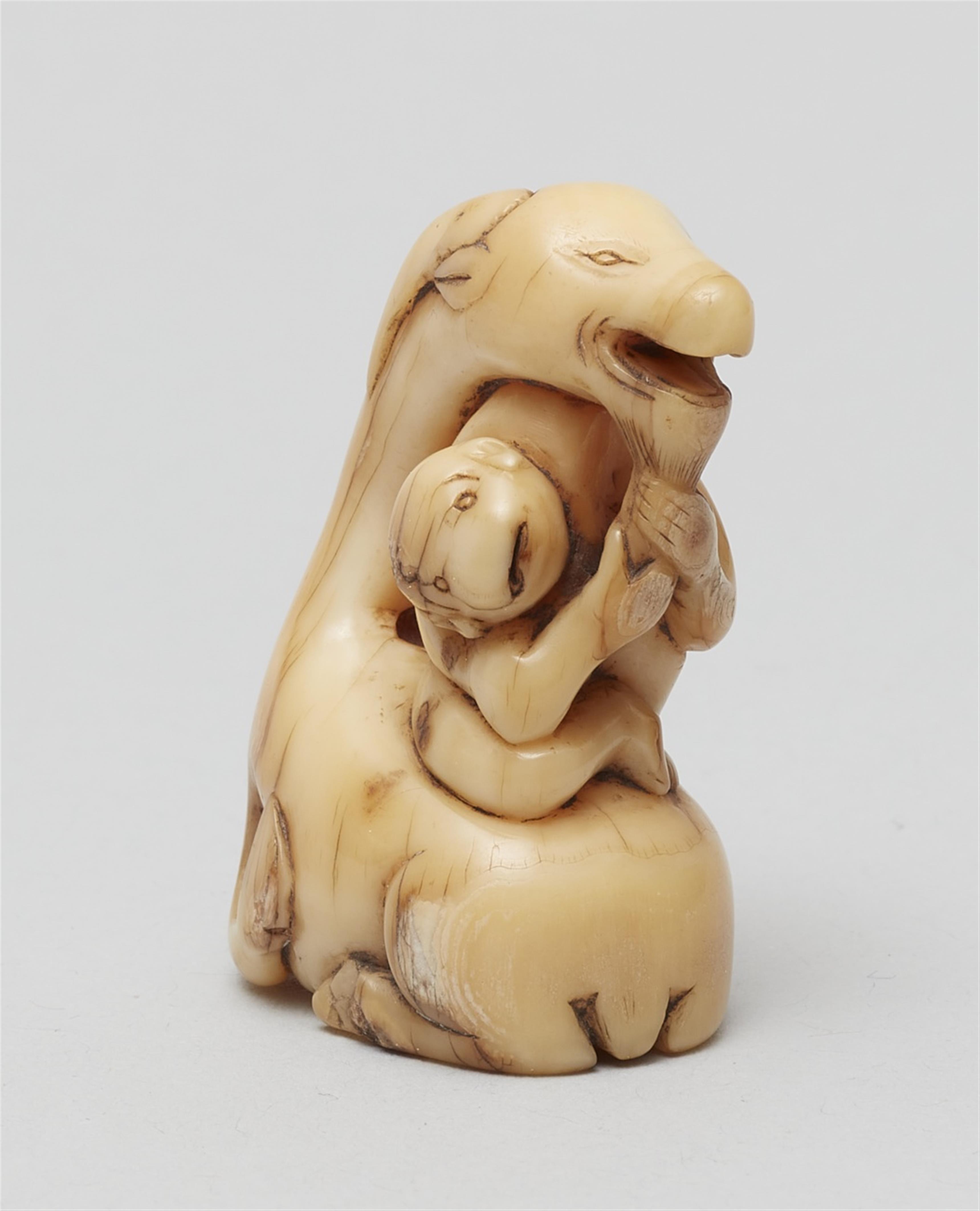 A narwhal tusk netsuke of a goat and a monkey. 18th century - image-2