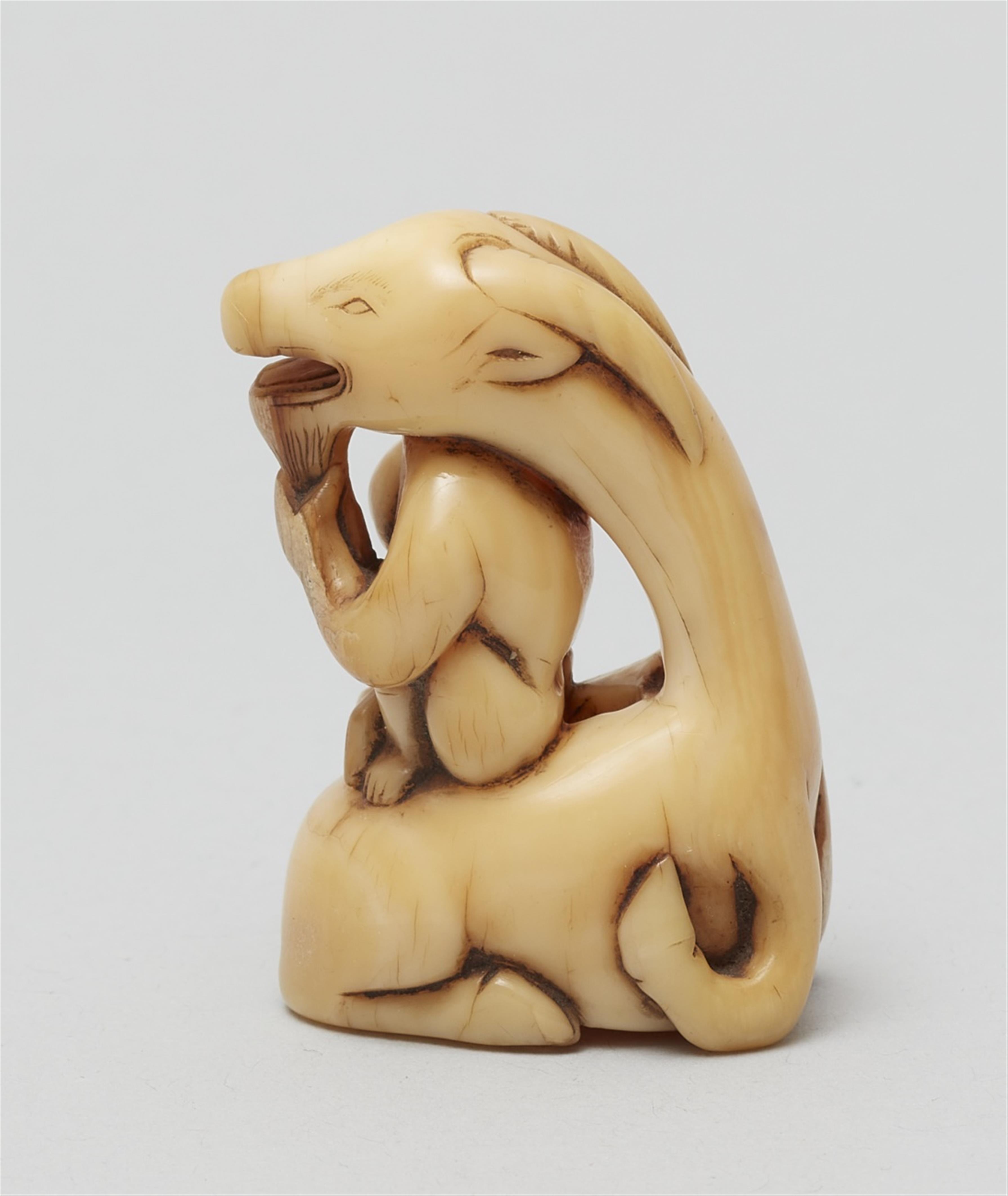 A narwhal tusk netsuke of a goat and a monkey. 18th century - image-3