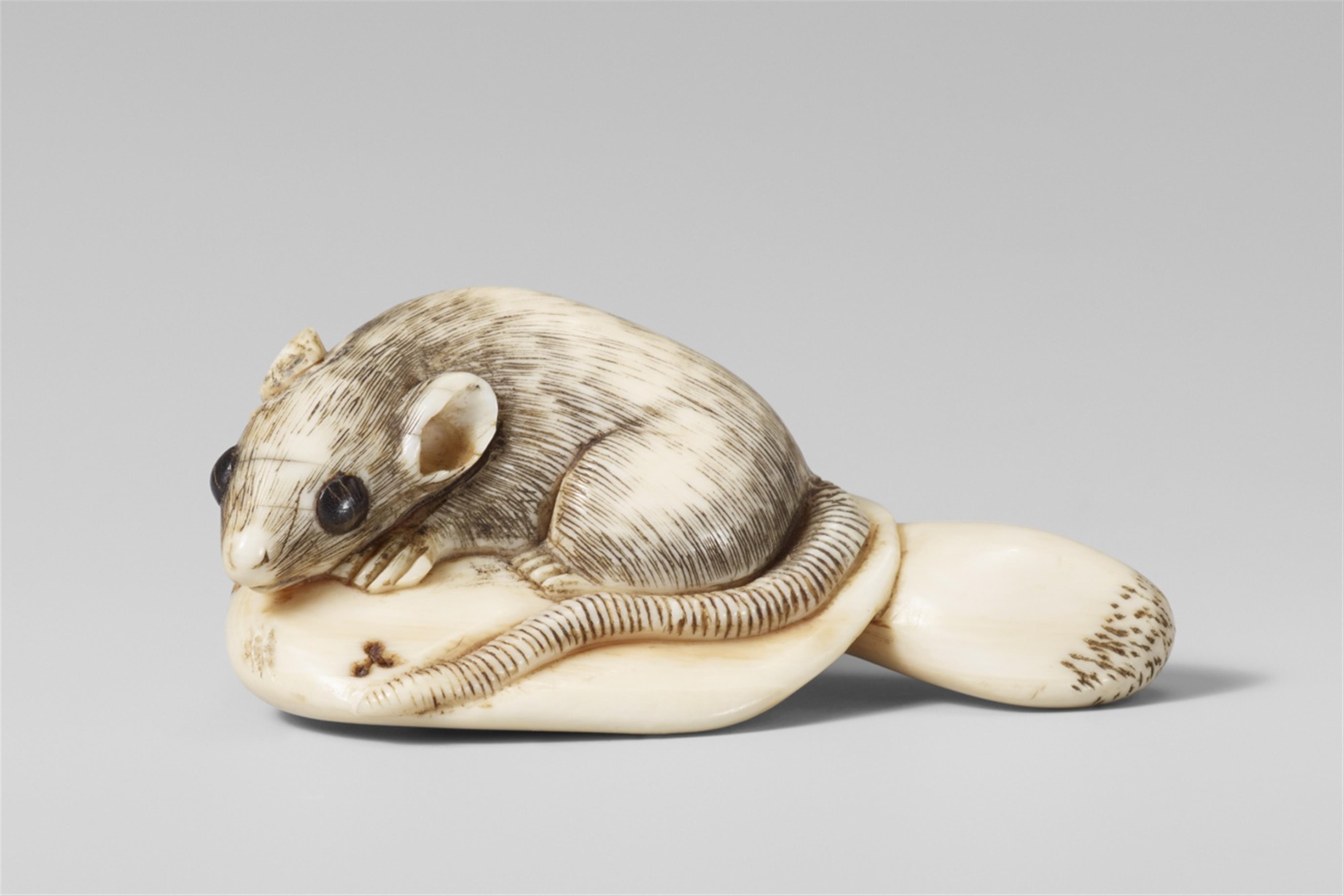 A fine ivory netsuke of a rat on a mushroom. Early 19th century - image-1