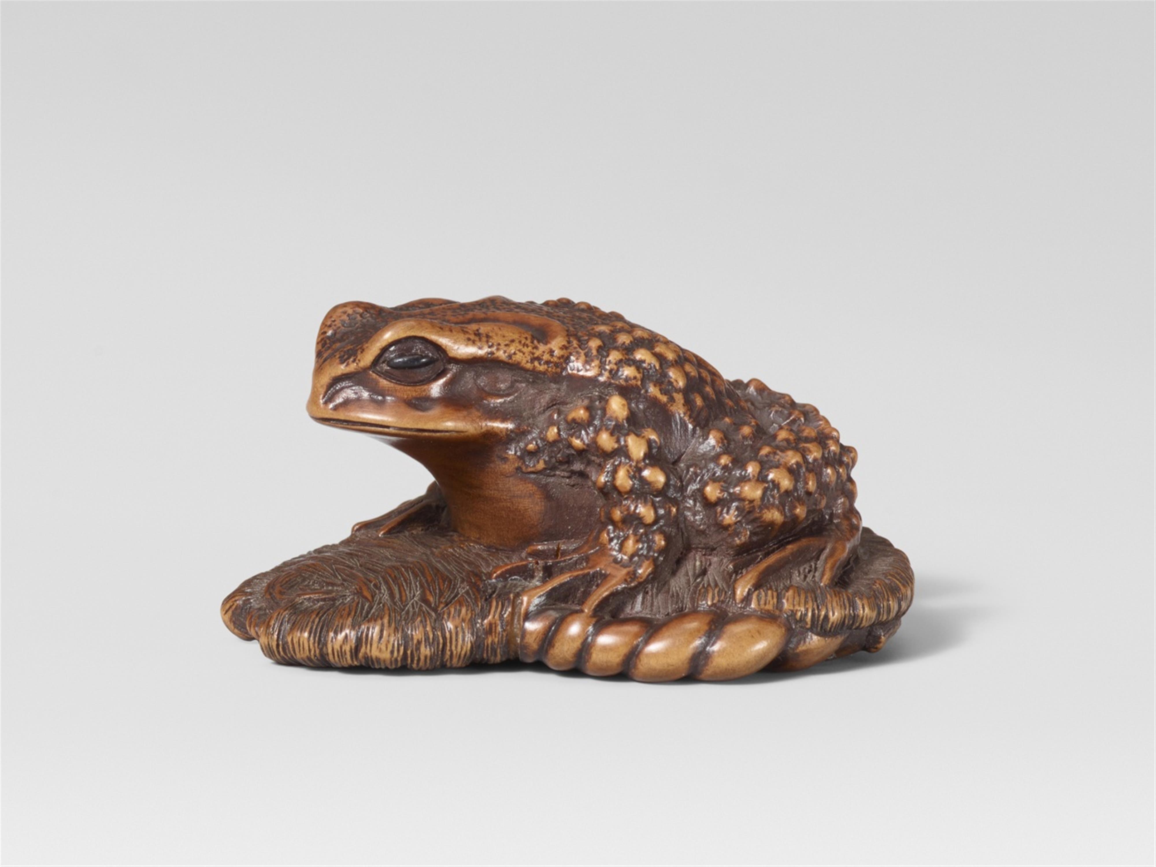 An Ise-Yamada school boxwood netsuke of a toad on a straw sandal, by Masanao. Second half 19th century - image-1