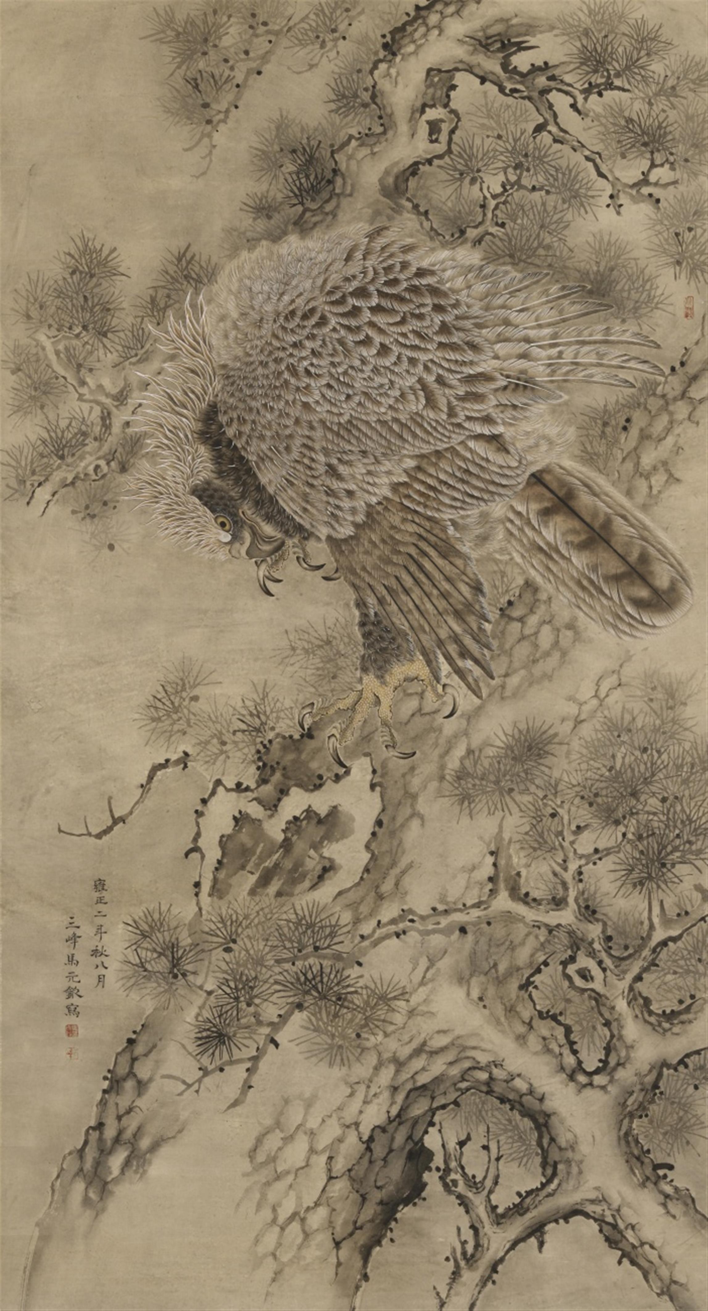 Ma Yuanqin . Dated 1724 - Eagle and pine. Hanging scroll. Ink and a few colours on paper. Inscription, dated Yongzheng er nian (1724), signed Ma Yuanqin and sealed Ma Yuanqin yin and Er Feng, one more se... - image-1