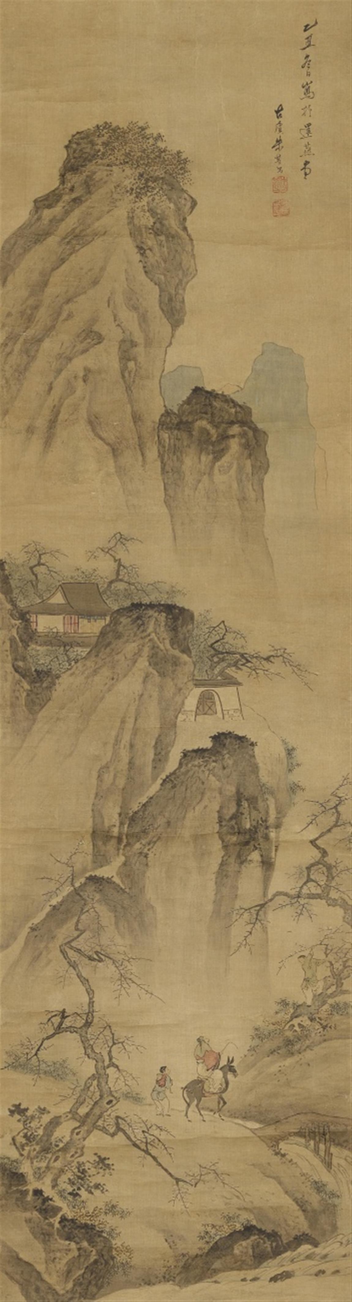 Zhu Qichang . Qing dynasty - Traveller in a landscape. Hanging scroll. Ink and colour on silk. Inscription, dated cyclically yichou (1805), signed Zhu Qichang and sealed Zhu Qichang yin and one more seal. - image-1