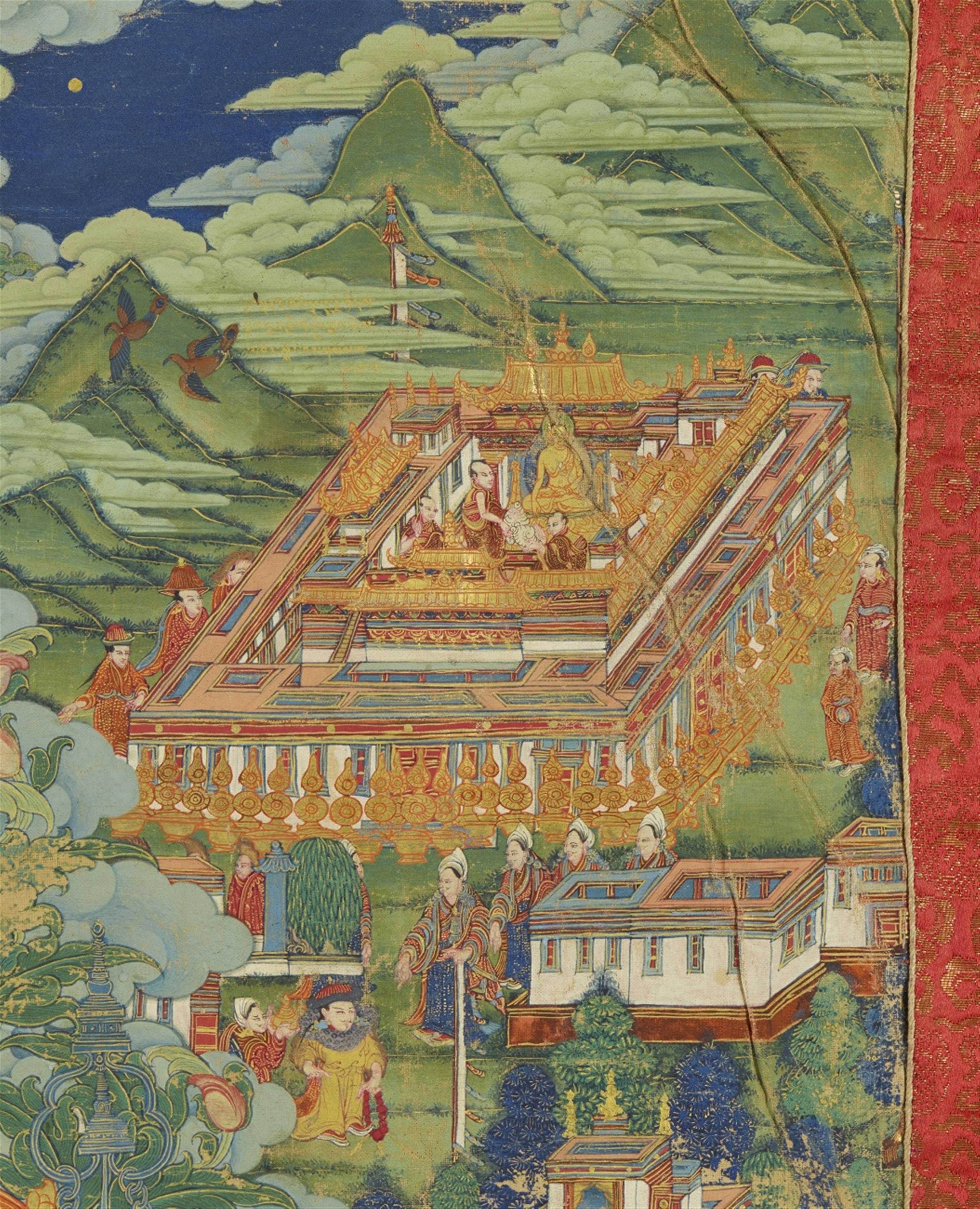 Bedeutendes thangka mit der Darstellung des Panchen Lama Ensapa Lobzang Dondrub (1505 - 1564). Tibet. 18./19. Jh. - image-2