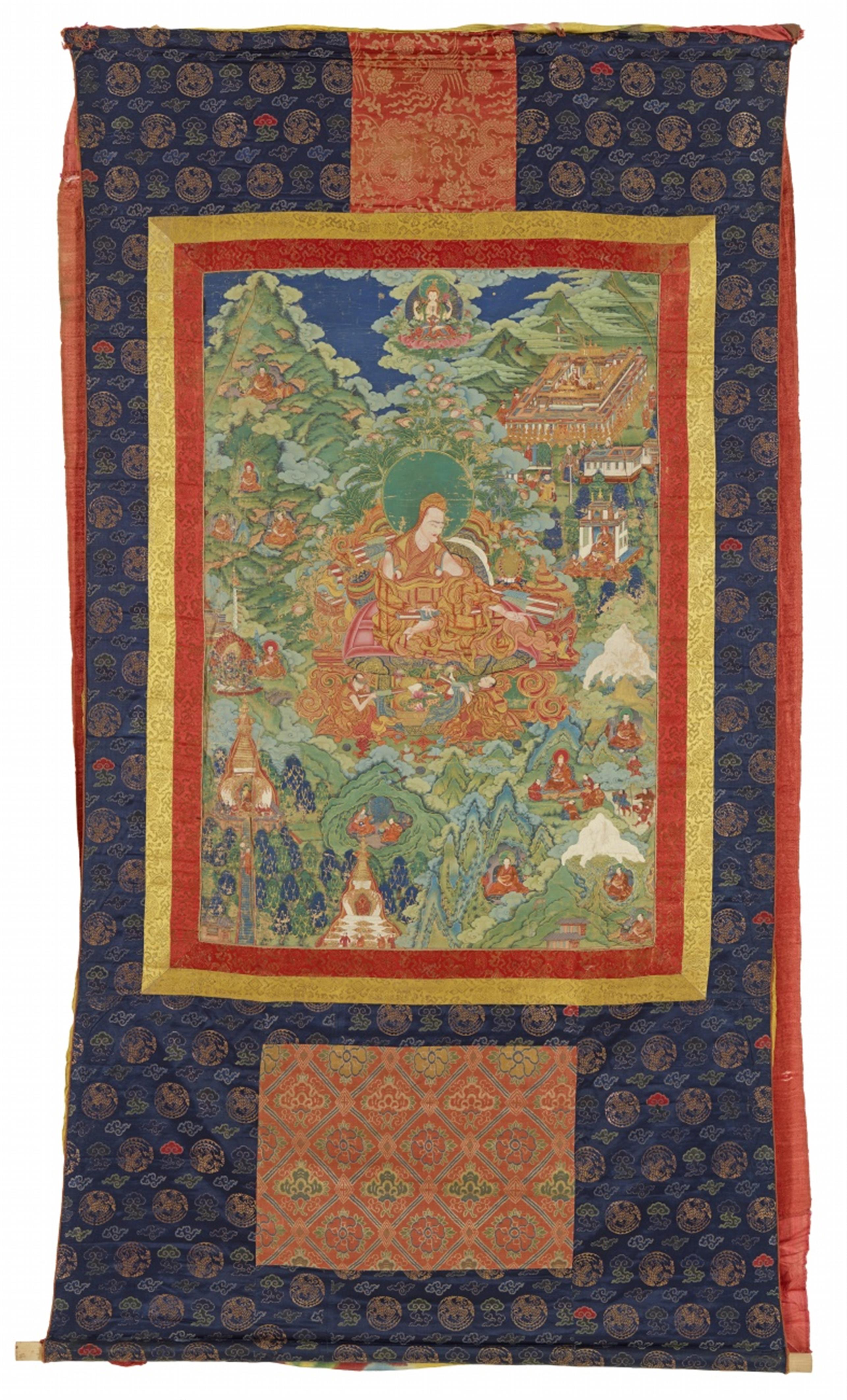Bedeutendes thangka mit der Darstellung des Panchen Lama Ensapa Lobzang Dondrub (1505 - 1564). Tibet. 18./19. Jh. - image-1
