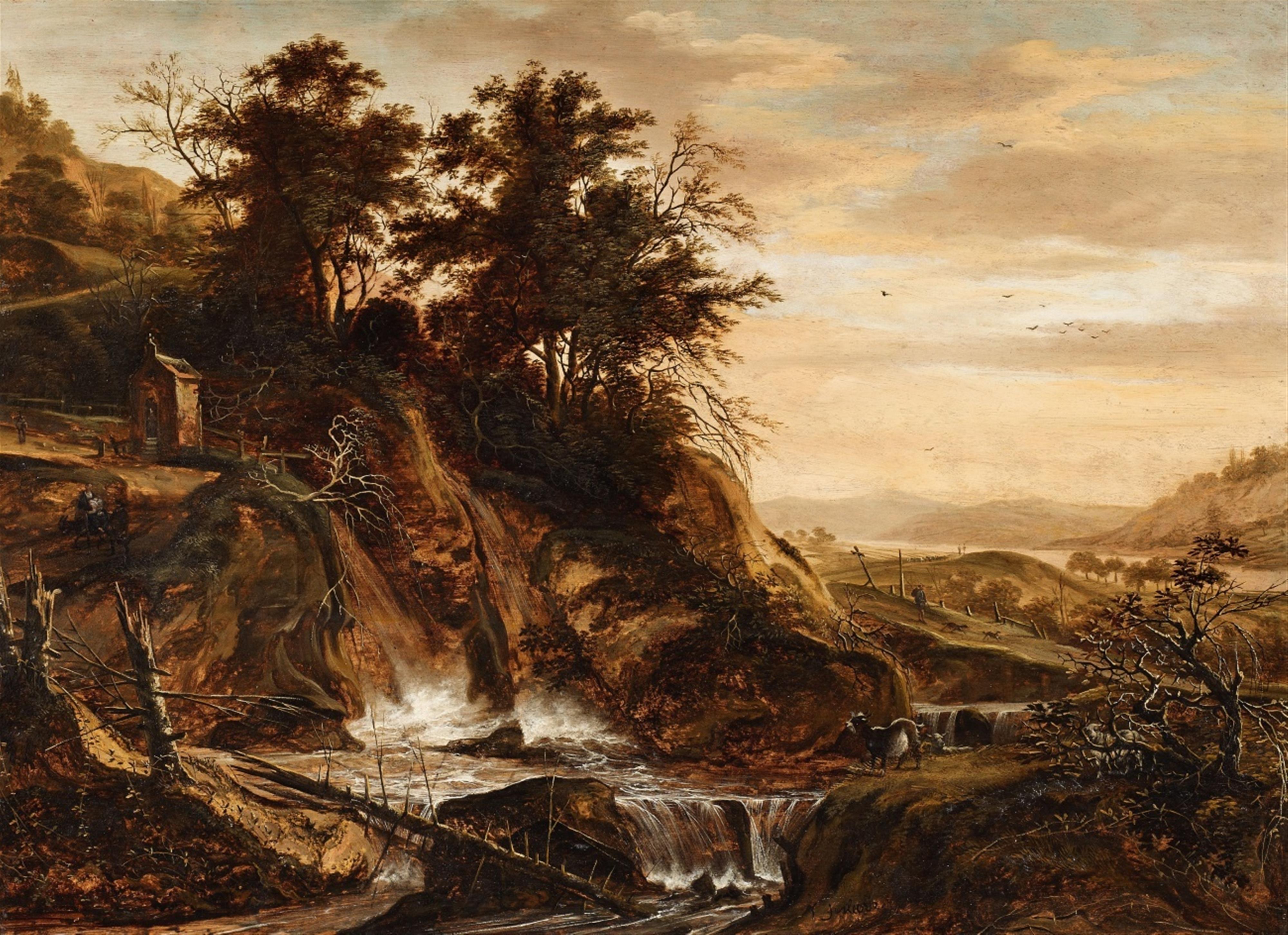 Jacob de Villeers - A Panoramic Landscape with a Waterfall - image-1