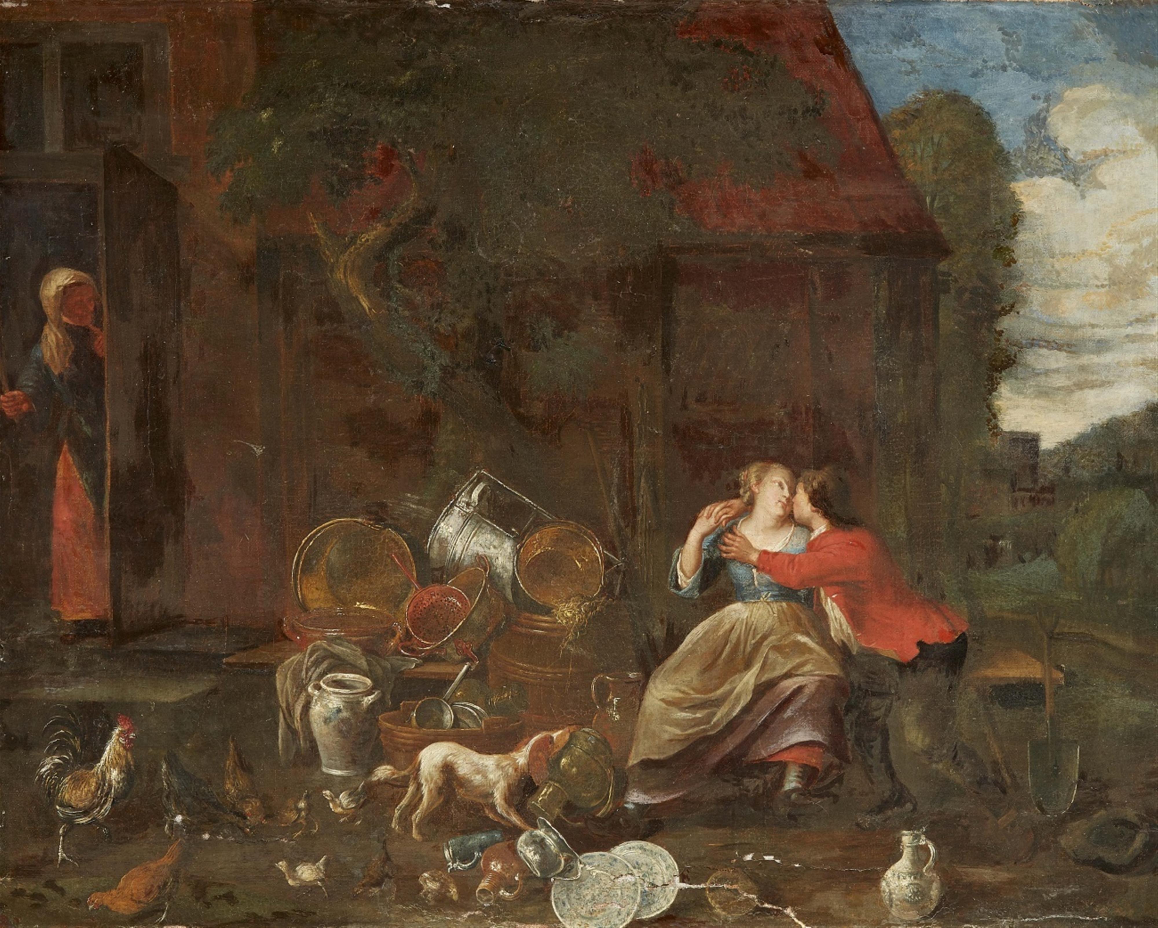 Bernaert de Bridt - Two Genre Scenes Hunter and Maid by a Palace Young Couple and an Old Woman by a Cottage - image-2