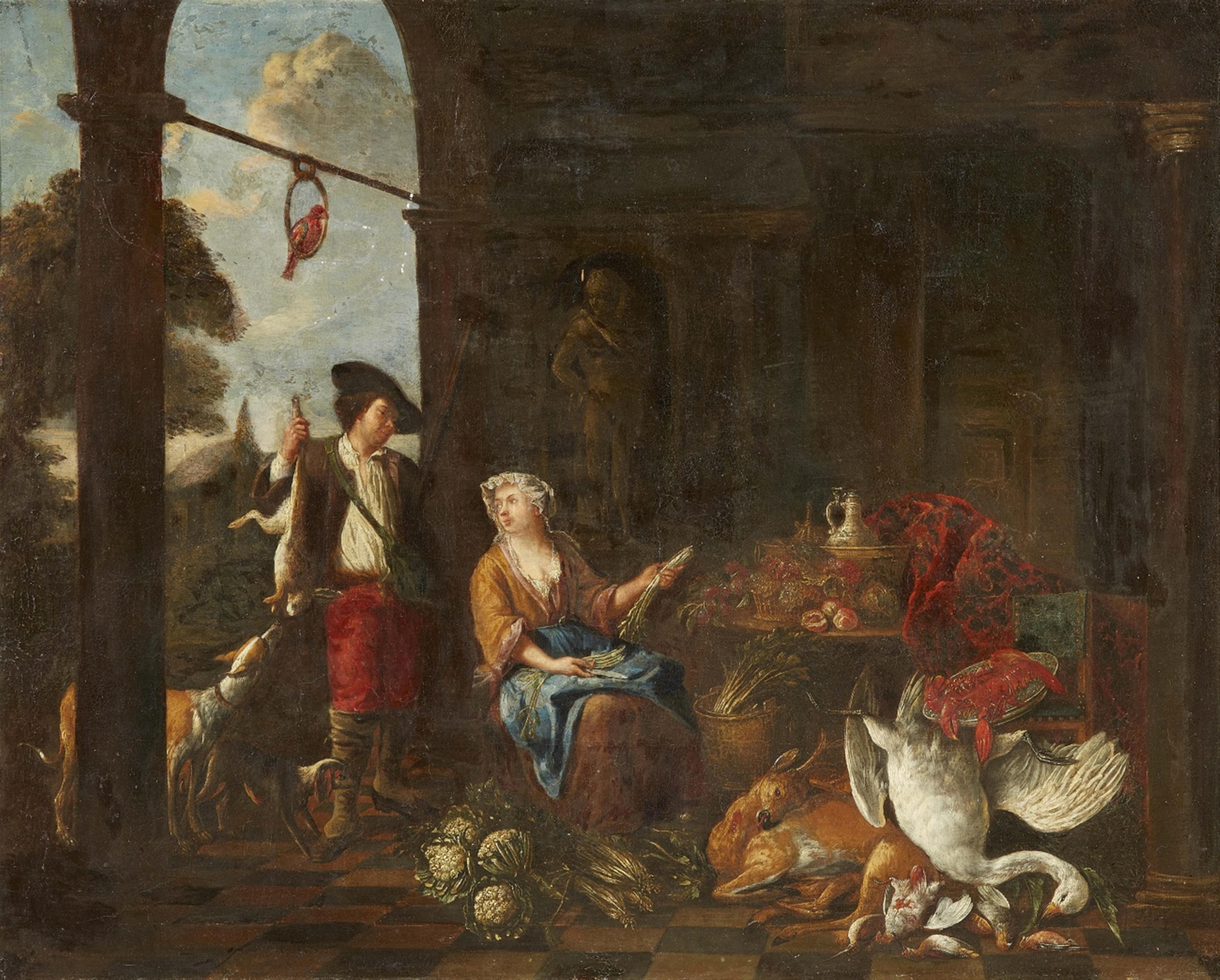Bernaert de Bridt - Two Genre Scenes Hunter and Maid by a Palace Young Couple and an Old Woman by a Cottage - image-1