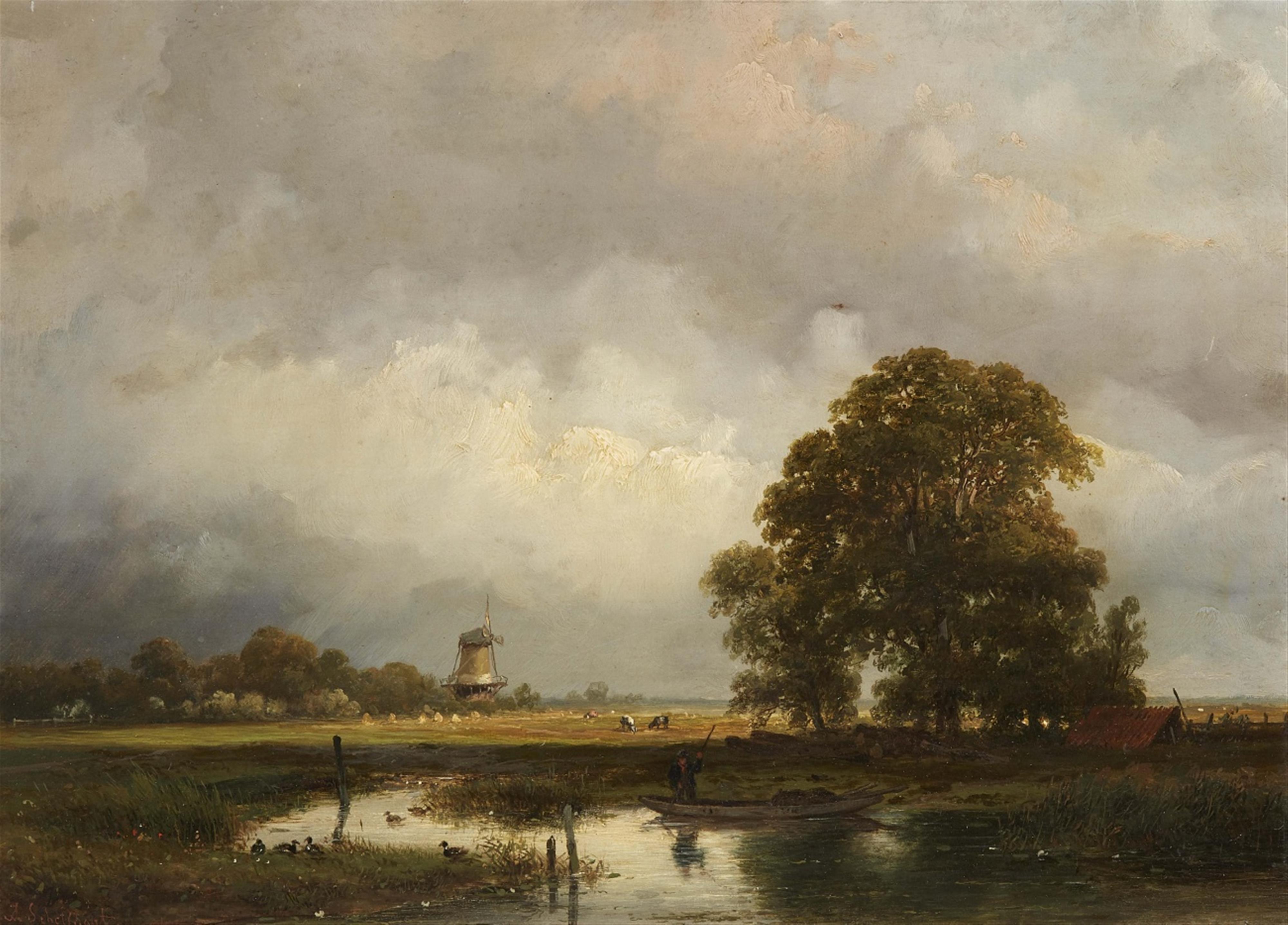 Andreas Schelfhout - River Landscape with a Mill - image-1