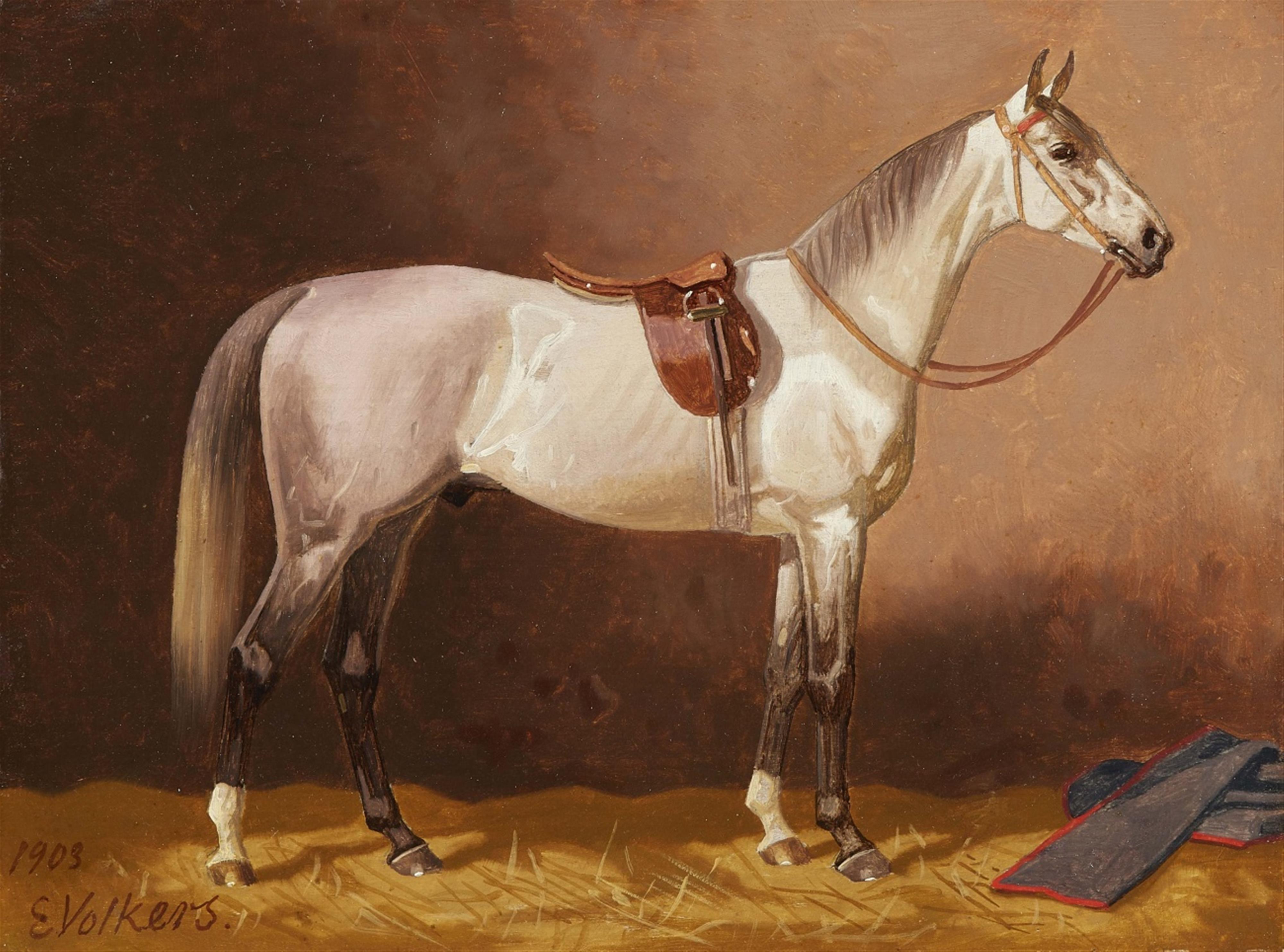 Emil Volkers - Two Depictions of Saddled Horses in Stables - image-1
