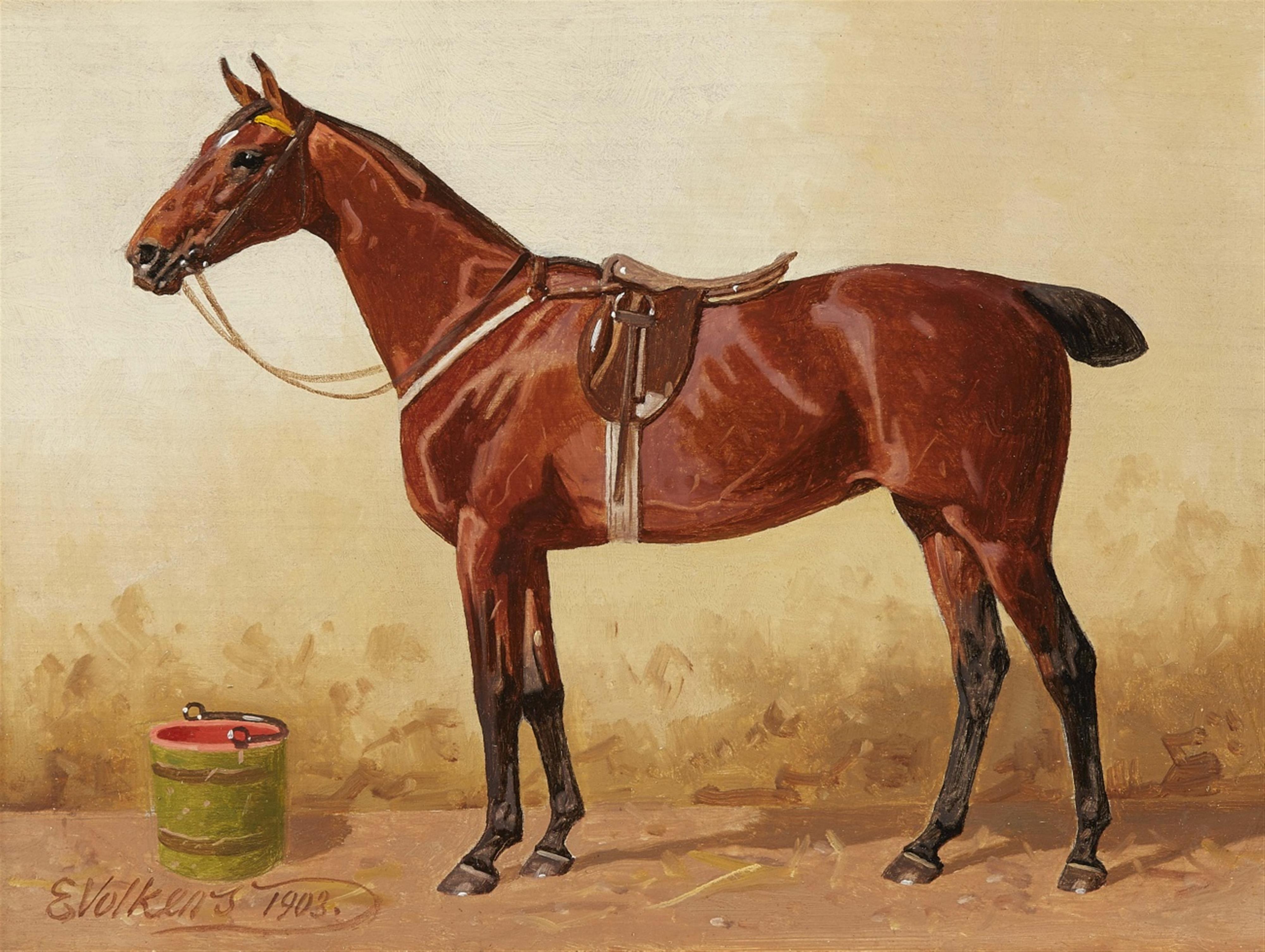 Emil Volkers - Zwei Darstellungen zweier gesattelter Pferde im Stall - image-2
