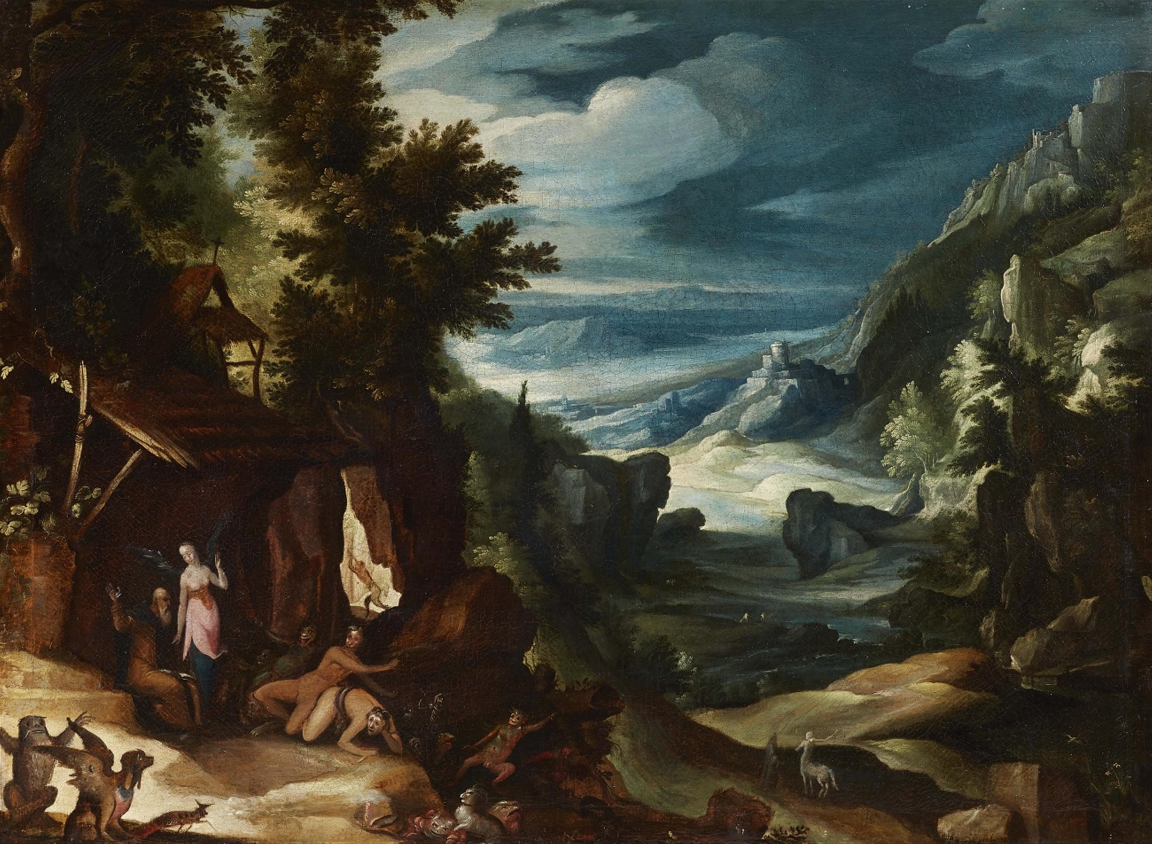 Flemish School 17th century - Mountain Landscape with the Temptation of Saint Anthony - image-1