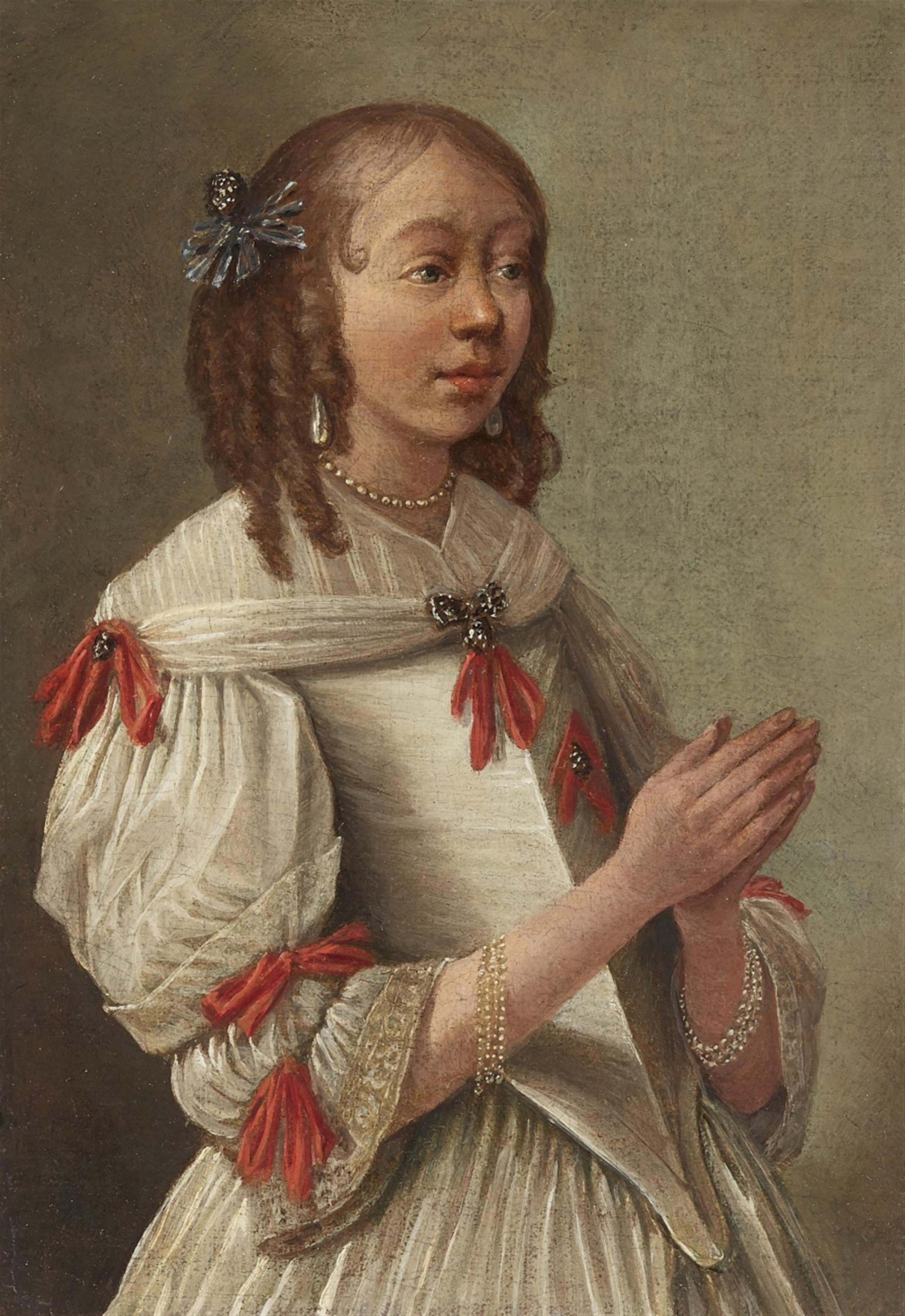 Dutch School 17th century - Portrait of a Young Woman with Clasped Hands - image-1