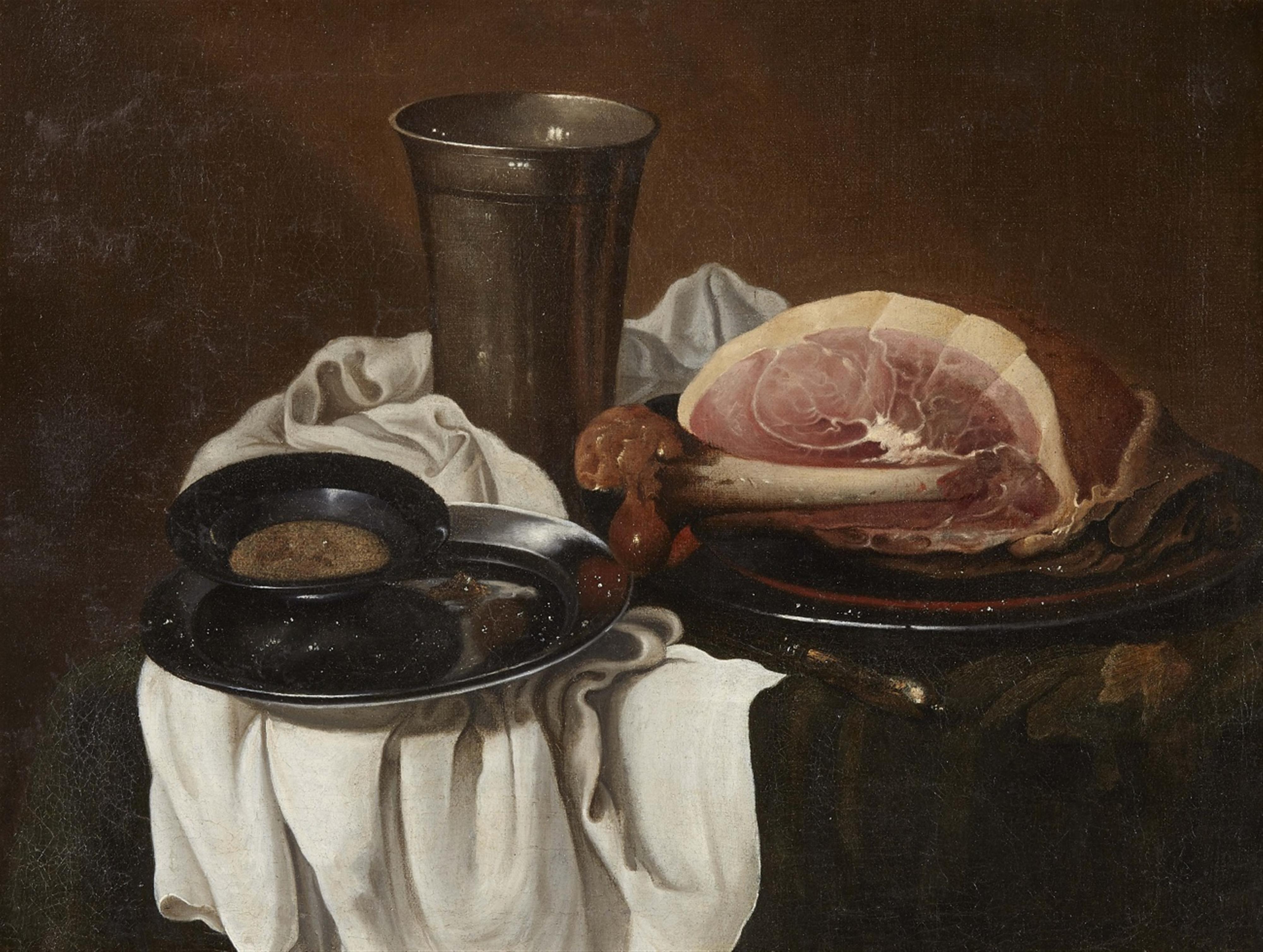 Dutch School 18th century - Still Life with Ham on a Silver Platter and a White Tablecloth - image-1