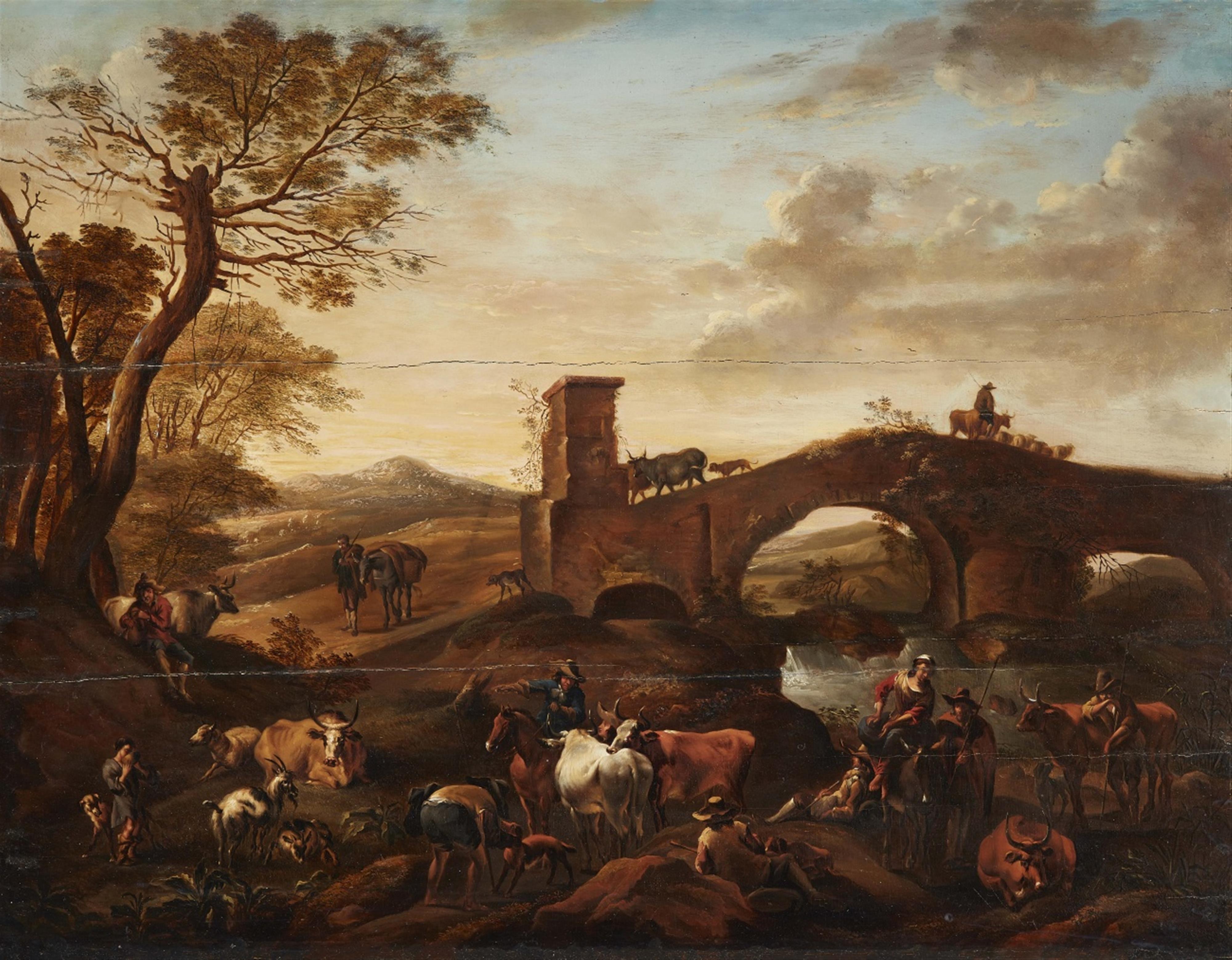 Nicolaes Berchem, follower of - Landscape with Shepherds and Travellers by a Bridge - image-1