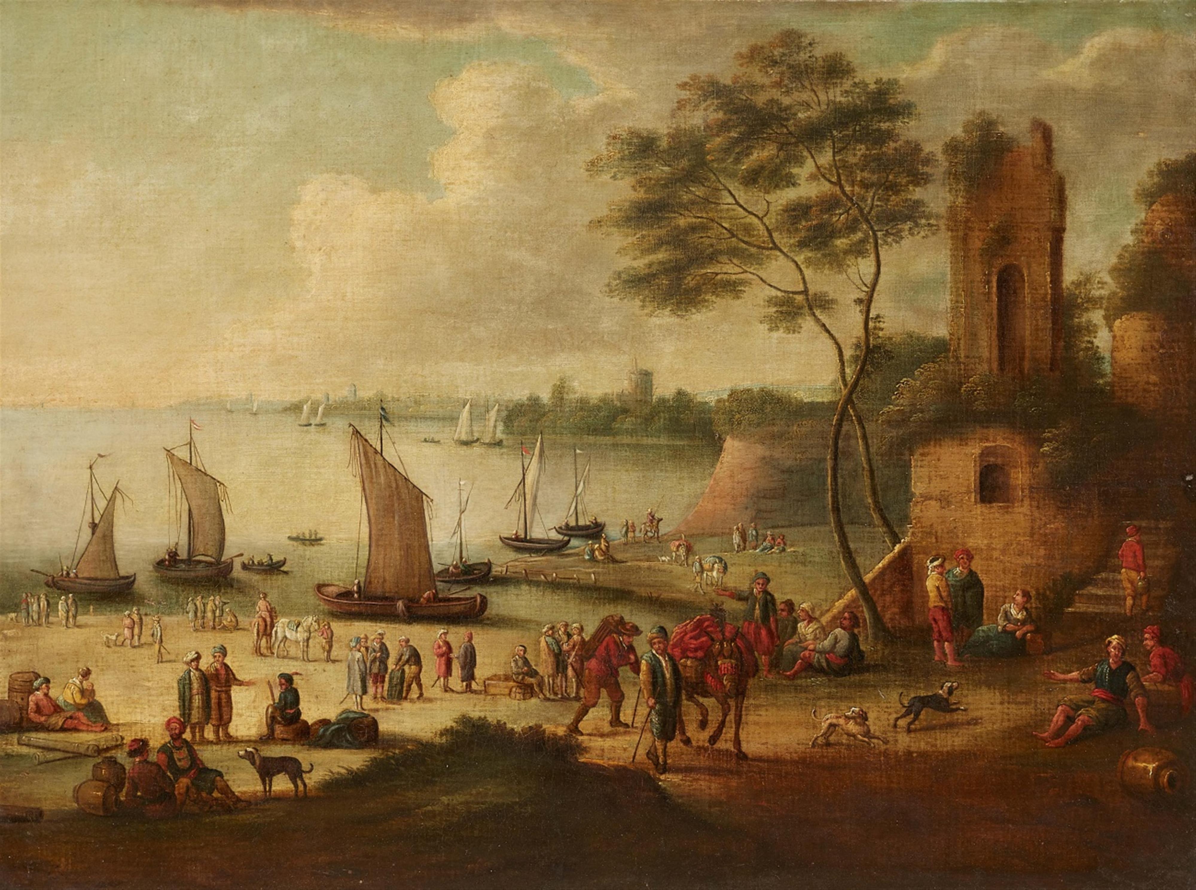 Netherlandish School late 17th century - Figures by an Italian Harbour - image-1